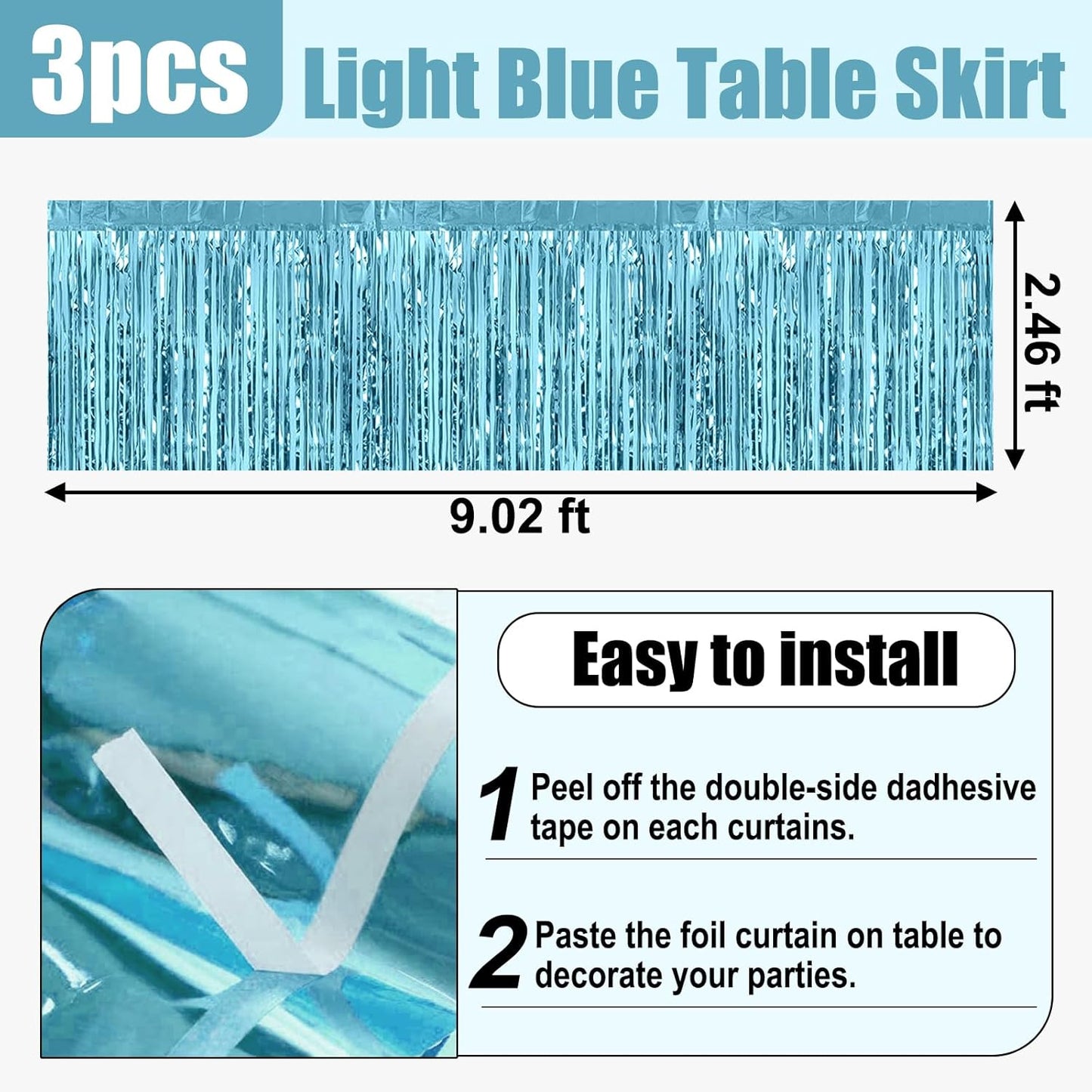 3 Pack 29x108 Inch Light Blue Foil Fringe Table Skirts Metallic Banner for Tinsel Streamer Garland Backdrop for Parade Floats Wedding Thanksgiving Birthday Christmas Halloween Party Decoration