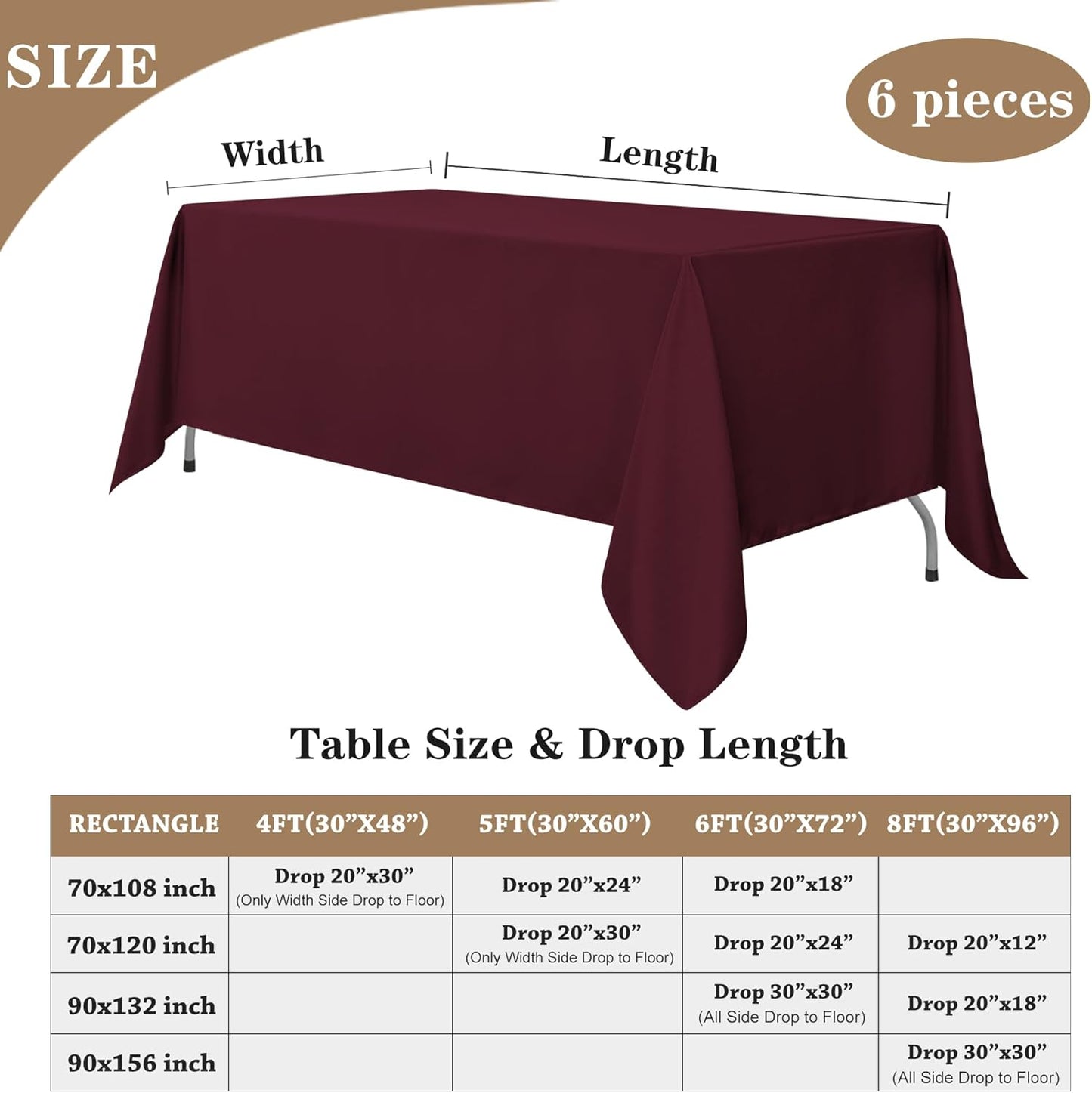 Fitable Burgundy Tablecloths for 6-8 Foot Tables, 6 Pack - 70 x 120 Inches - Reusable and Washable Table Clothes, Polyester Fabric Table Covers for Wedding, Party, Banquet