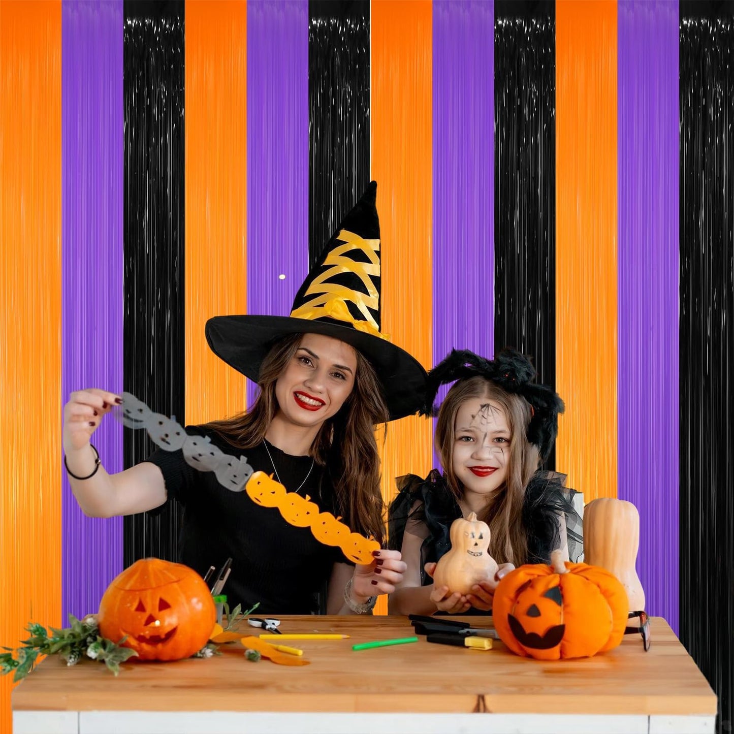 GOER 3.2 ft x 8.2 ft Metallic Tinsel Foil Fringe Party Backdrop for Halloween Birthday Graduation New Year's Party Decorations(4 Packs,Black&Orange&Purple)