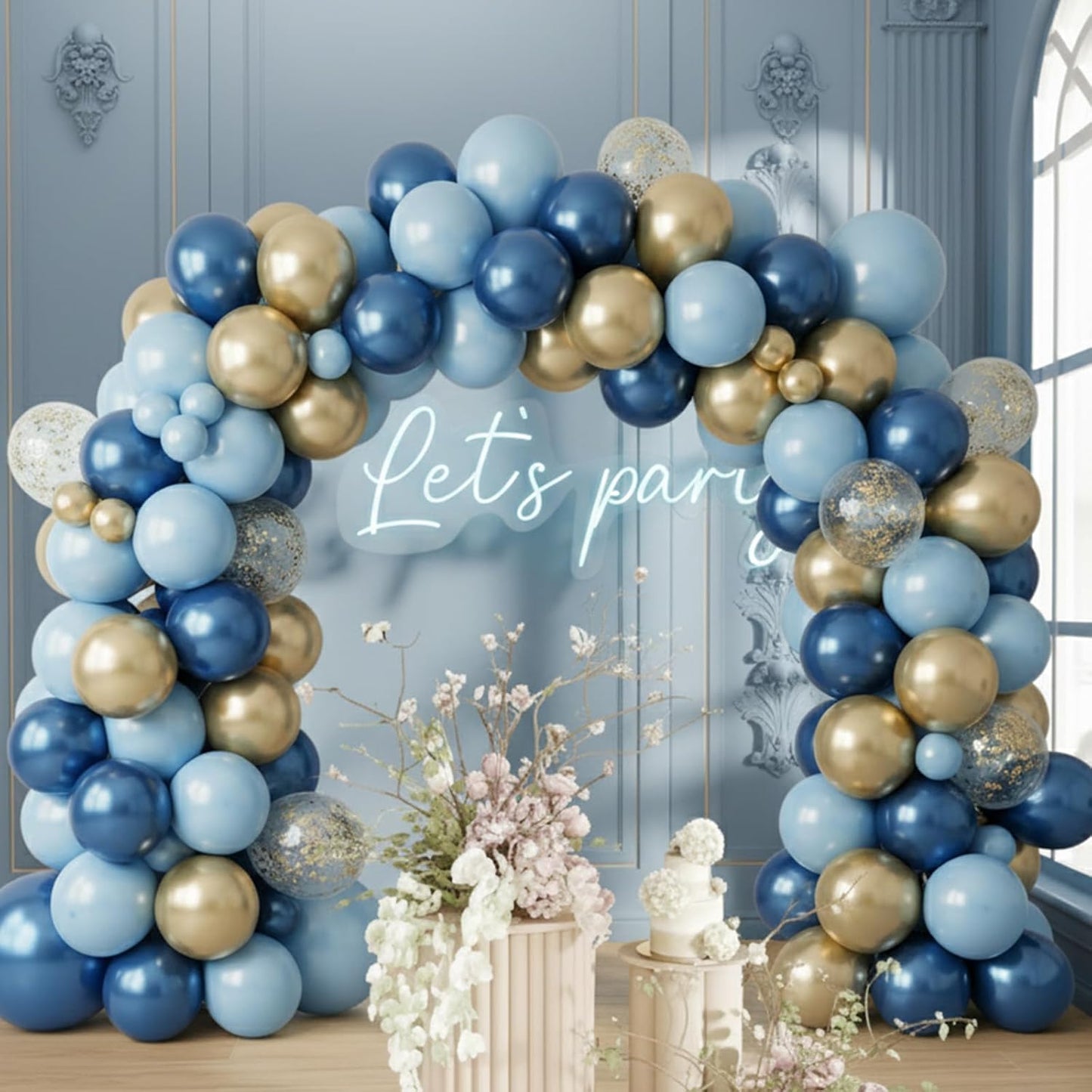 Blue and Gold Balloon, 50 Packs 12 Inch Metallic Blue Pearl Double Stuffed Blue Balloons with Gold Confetti Ballons for Birthday Party Decorations Wedding Bridal Shower Baby Shower Graduate