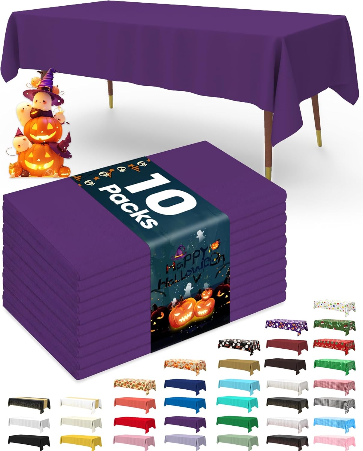Pureegg Plastic Table Cloth Disposable 10 Pack, 54 x 108 Inch Table Cloths, Halloween Party Decorations, Summerween Decor, Halloween Tablecloths, Rectangle, Plastic Cover, Leakproof & Sturdy, Purple