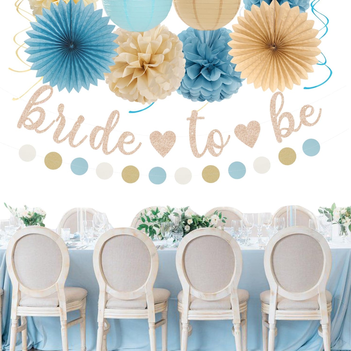 Light-Dusty Blue Beige-Champagne Bridal-Shower Party-Decorations - 31pcs Bride To Be Banner,Boho Neutral Bachelorette Paper Lanterns,Wedding Garland,Tissue Pom Poms Flower Fan Decor Supplies Burgleda