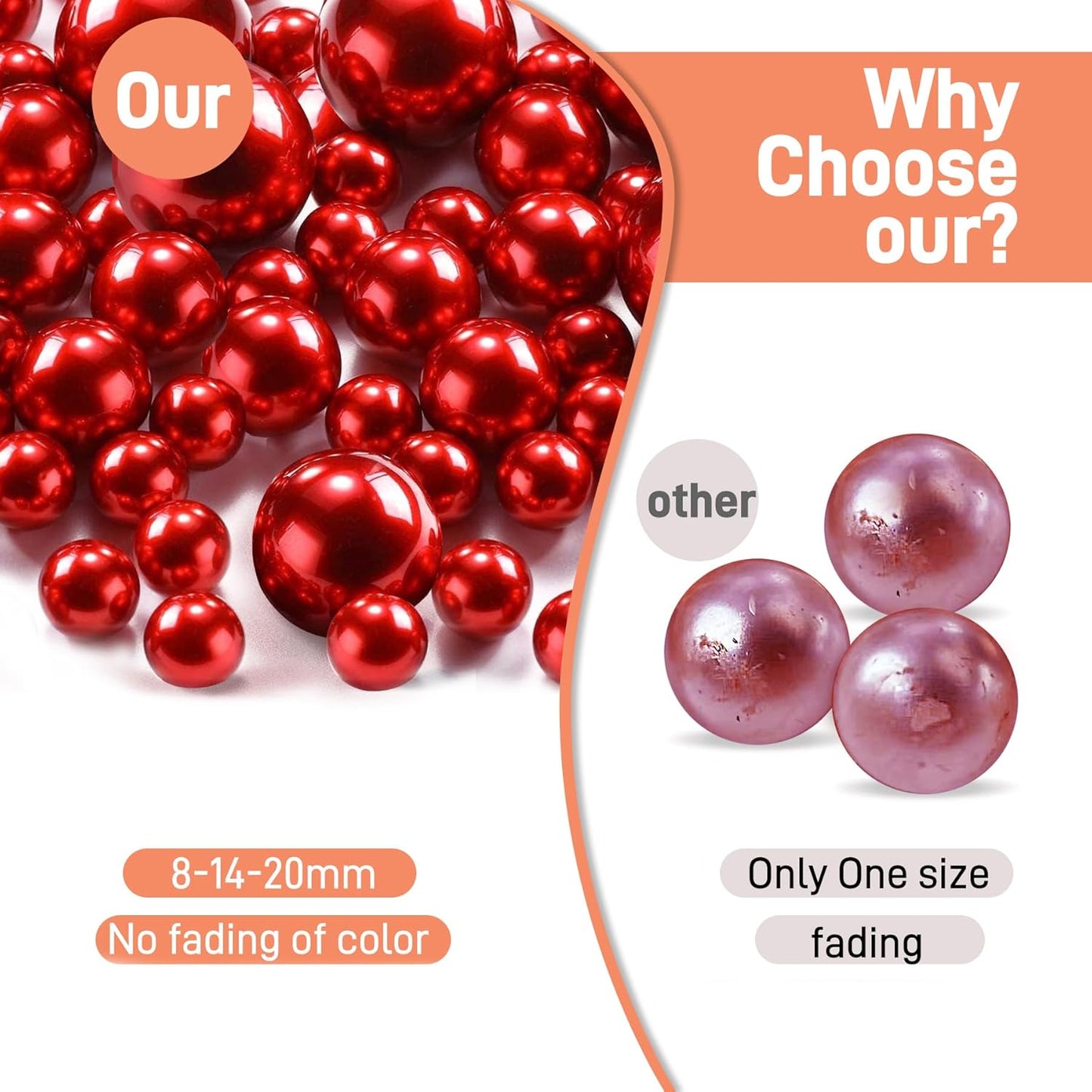 120 PCS 8/14/20mm No Hole Polish Pearl Beads for Centerpiece, Red Beads Decorative Vase Fillers, Plastics Pearls for Vases, Table Scatters, Wedding Party Decor