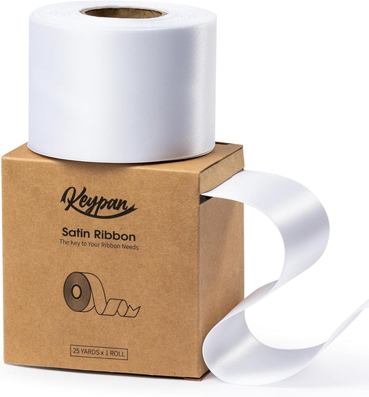 White Satin Ribbon 2.5 Inch Double-Faced Ribbons 25 Yards for Flower Bouquet Wrapping Paper Bows Gift Wedding Invitations Crafts