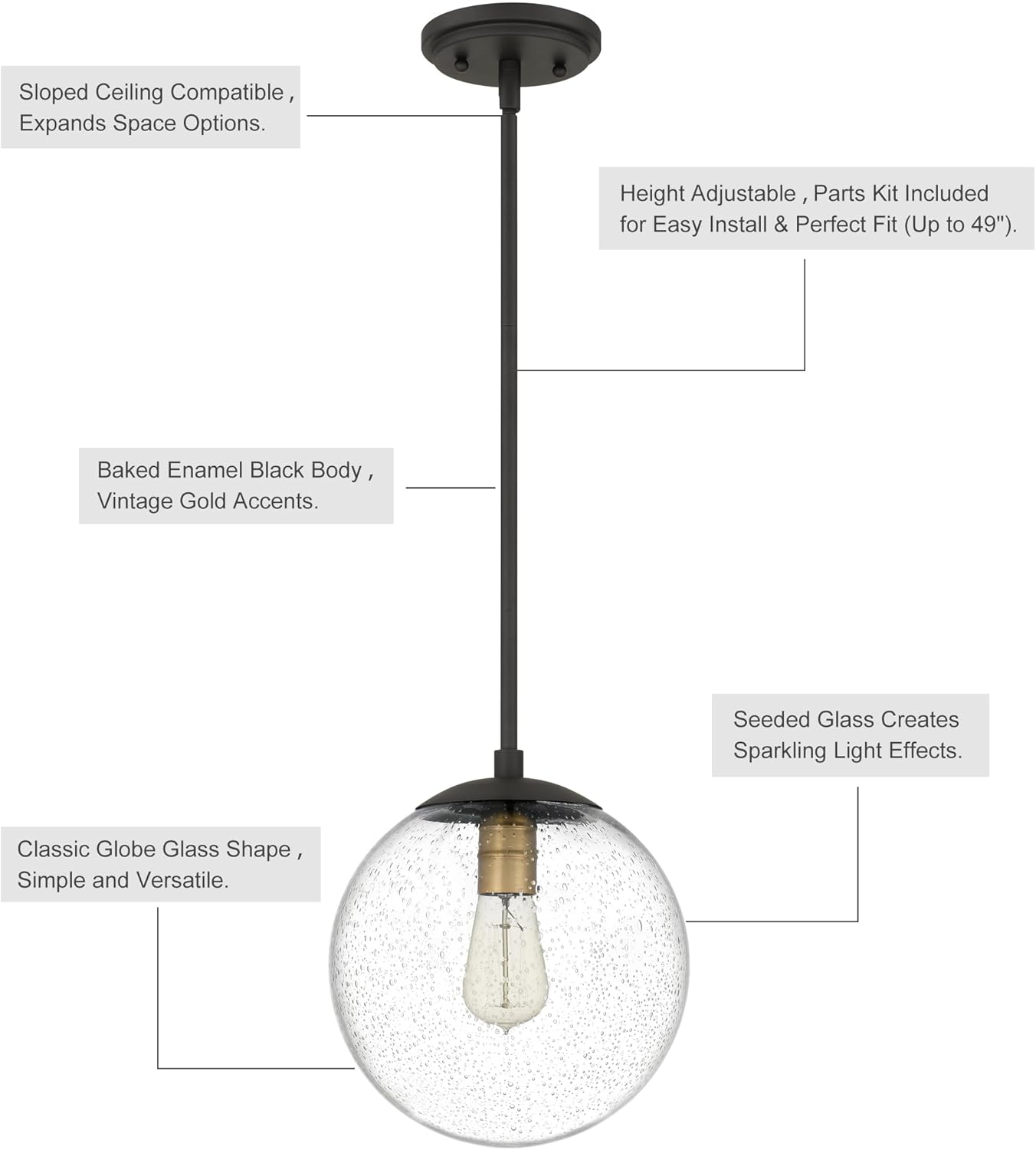 Globe Pendant Lighting, Black and Gold Pendant Light for Kitchen Island, 9.5 inch Seeded Globe Glass Shade for Kitchen, Hallway, Entryway, Dining Room, Bedroom, Living Room