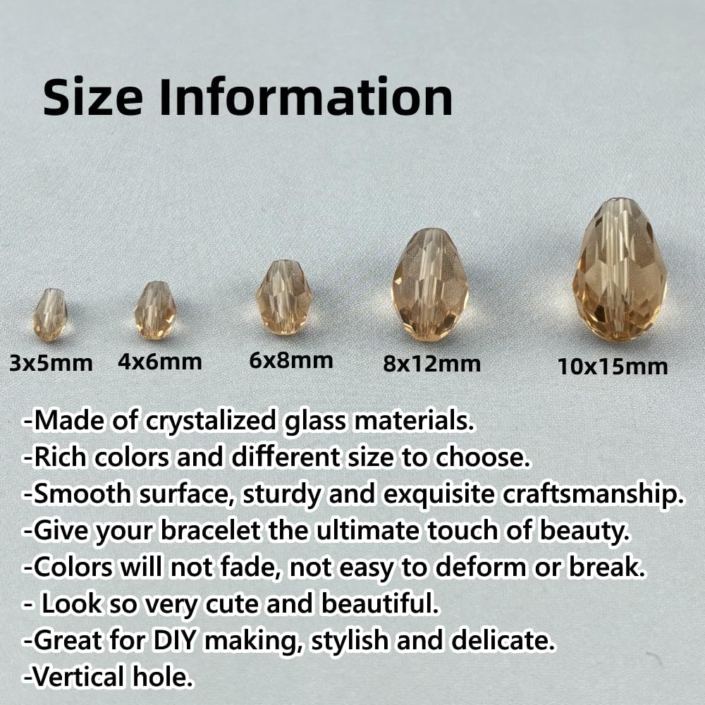 50pcs 10x15mm Teardrop Crystal Glass Beads for Jewelry Making, Faceted Vertical Hole Teardrop Glass Spacer Beads for Wind Chimes Bracelet Earring Necklace DIY Craft(Champagne)