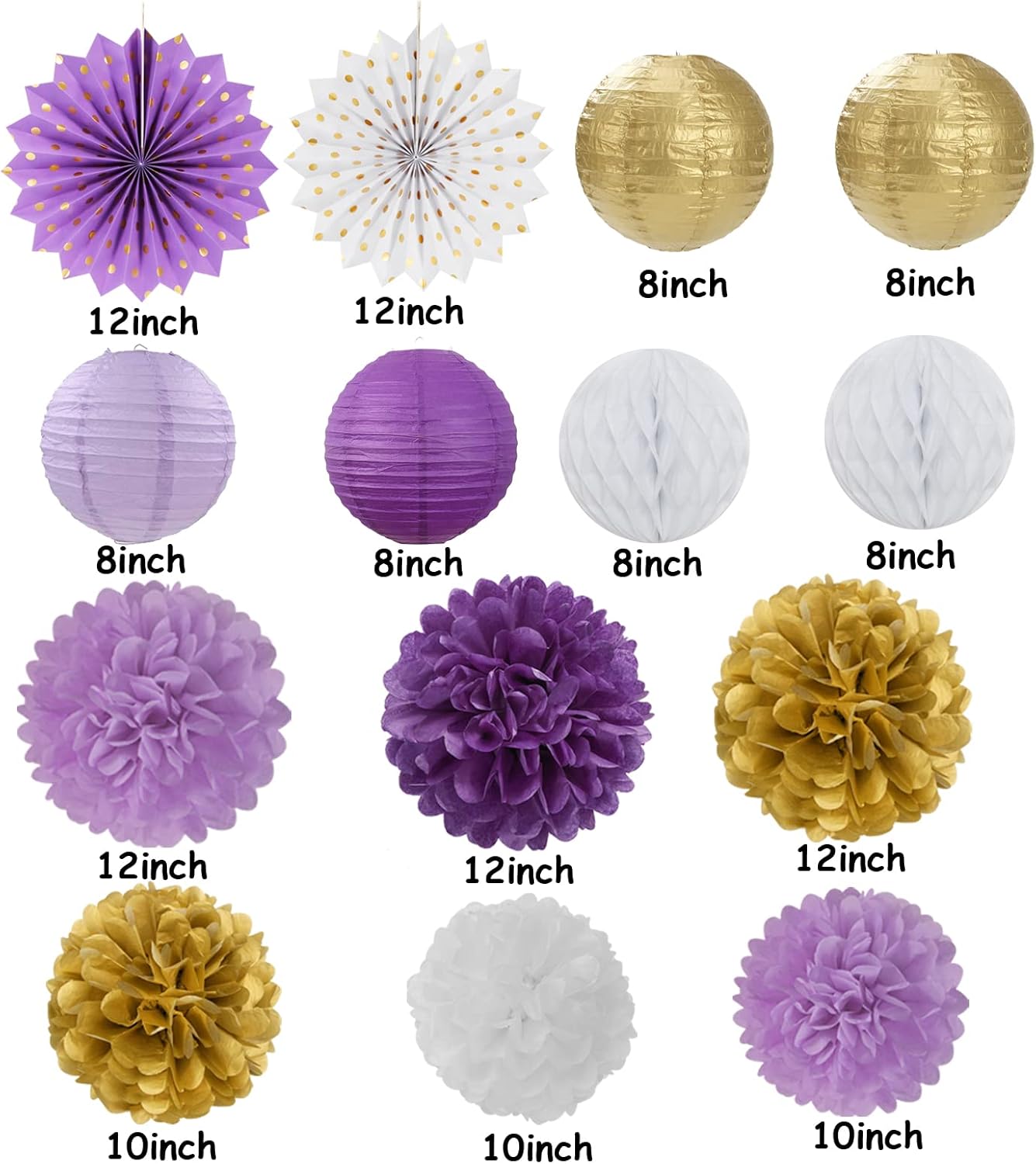 Purple-Gold Party Decorations Streamers Lanterns - 14pcs White Lavender Paper Fan Graduation Woman Birthday Wedding Bridal Shower Tissue Pom Poms,Honeycomb Balls Decor Ouruola