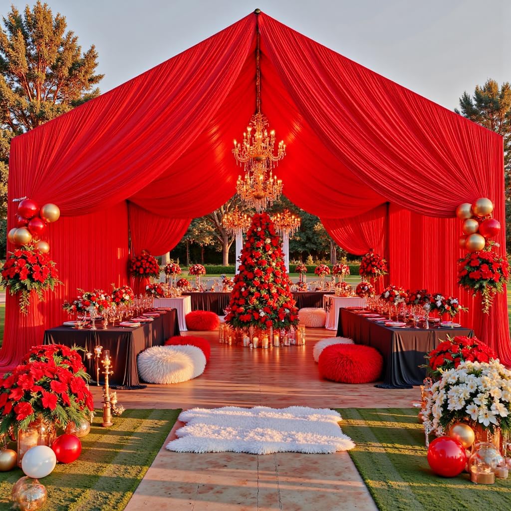 PartyVillage 4 Panels 5ftx30ft Red Ceiling Drapes for Wedding Parties – 30 FT Extra Long Thick Polyester Wrinkle-Free Drapery Tent Decor Decorations for Birthday Party Ceremony Stage Swag