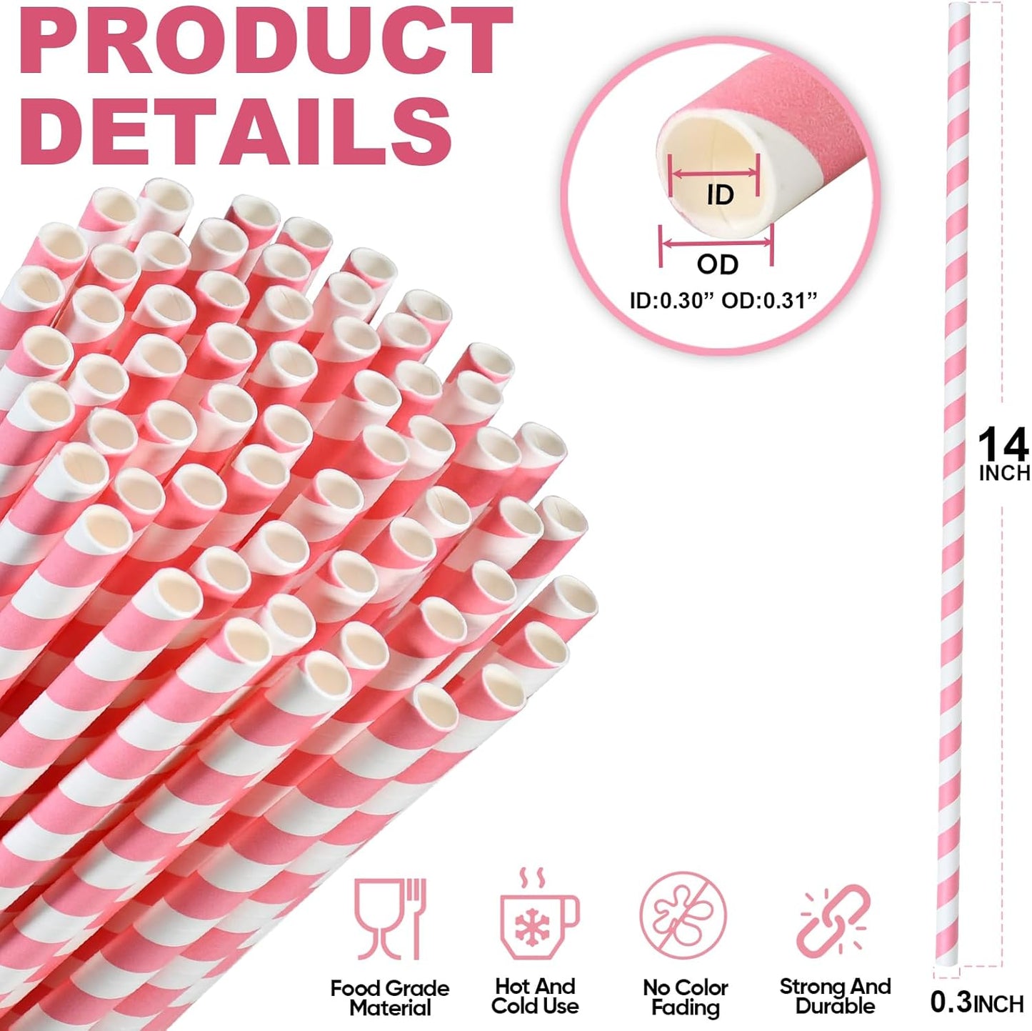 14 inch Extra Long Disposable Pink/White Striped Paper Drinking Straws 0.31" Wide - 100 Counts, Biodegradable