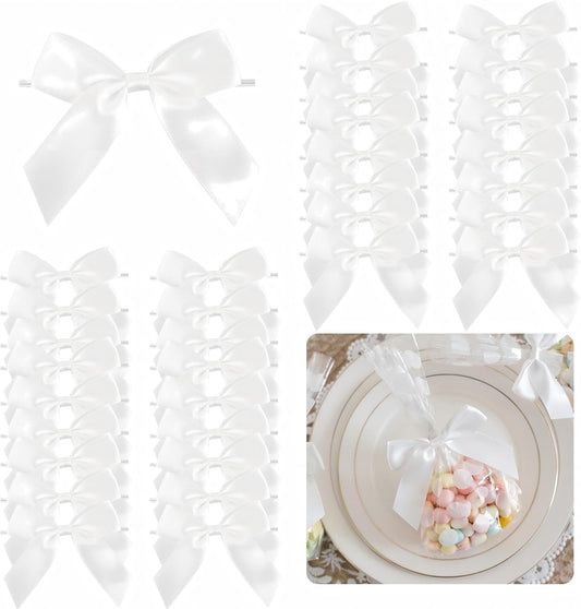 3.5" White Bow Satin Pre-Tied Bows for Gift Wrapping, Small Bows for Crafts, Premade Bows, Candy Apple Bows, Twist Tie Bows for Cake Decorating, Party Favor, Wedding Decoration-36 Counts