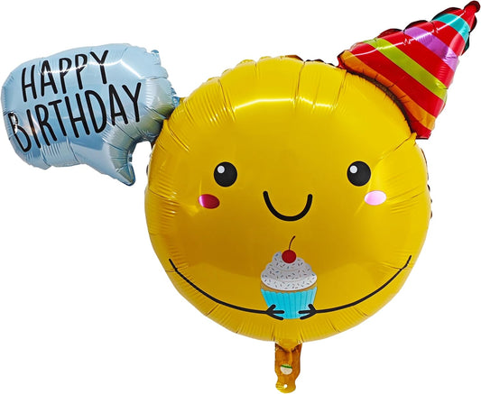 Cute Smiling Foil Balloon Sunshine Smiley Face Party Decorations Happy Birthday Message Bubble Decoration Gift Hat Holding Cake Birthday Party Background Layout Decoration Baby Shower Supplies