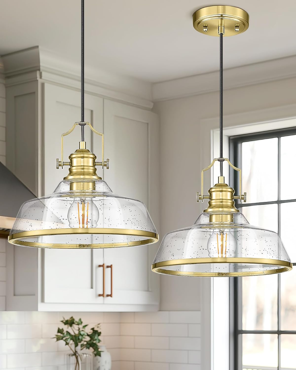 kudos 2 Pack Gold Pendant Lights Kitchen Island, 11" Brass Kitchen Island Lighting with Seeded Glass, Farmhouse Hanging Light Fixture for Kitchen Sink Dining Room Hallways, KDPL13-GD-S-2PK