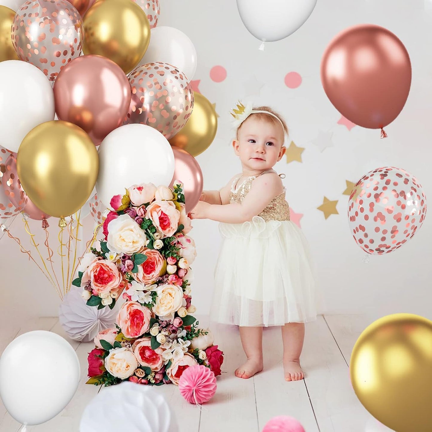 Paready Rose Gold and White Latex Balloons, 60 Pcs 12 Inch Metallic Gold Confetti Balloons with Ribbons for Birthday Party Baby Shower Anniversary Wedding Bridal Shower Graduation Decoration