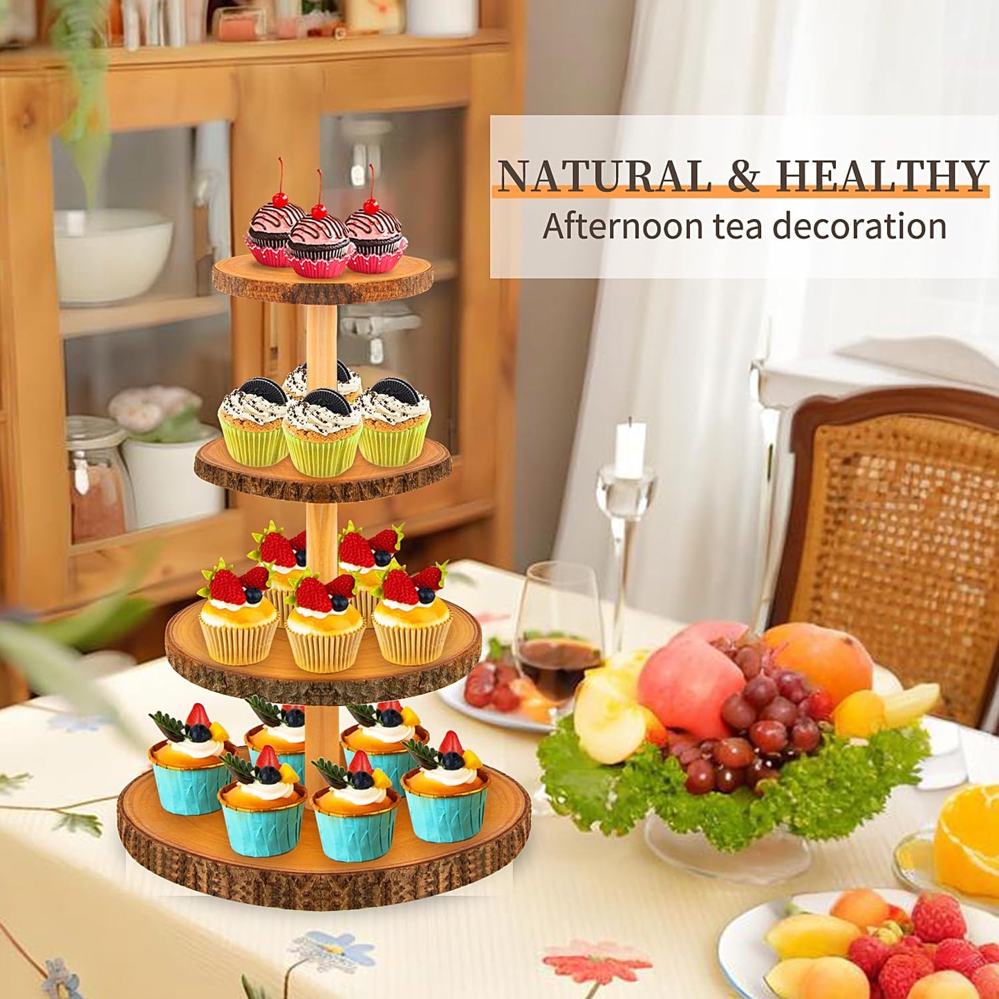 Cupcake Stand Wood Dessert Stands 4 Tier Wooden Cupcake Stand - Large Capacity, Bark-Covered, Varnished, Multi-Functional for Weddings, Baby Showers, and Parties.