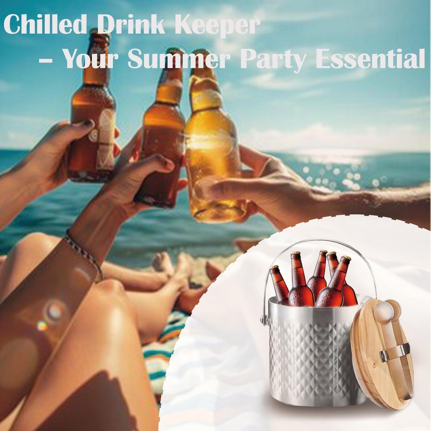 Stainless Steel Hammered Insulated Ice Bucket with Wooden Lid and Ice Tongs Holds 3L of Ice Keep Ice Colder Bar Cart Accessories Champagne Bucket for Party 3L