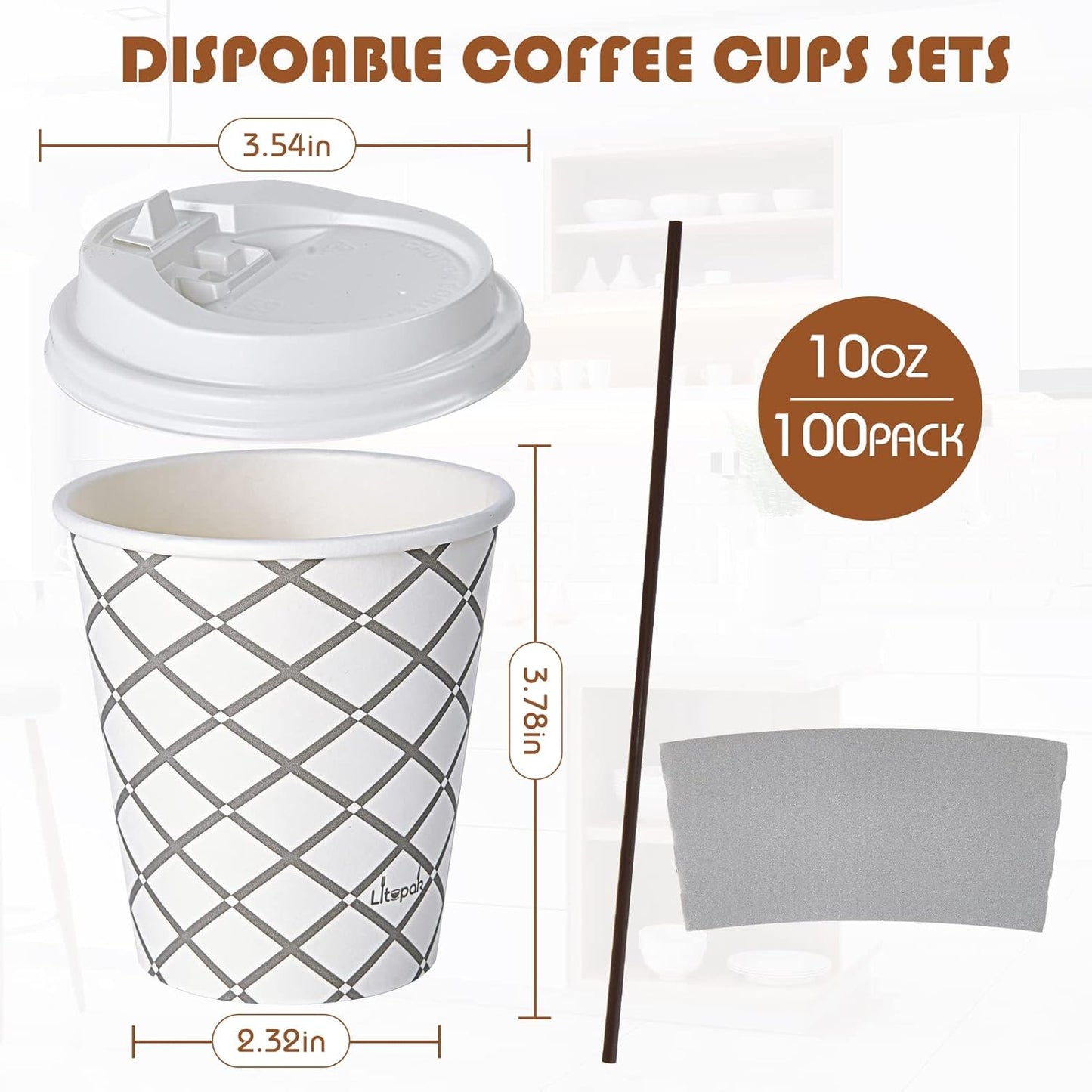LITOPAK 100 Pack 10 oz Paper Coffee Cups with Lid, Sleeve, and Straws, Four Designs of Disposable Hot Coffee Cups for Home, Stores, and Cafes