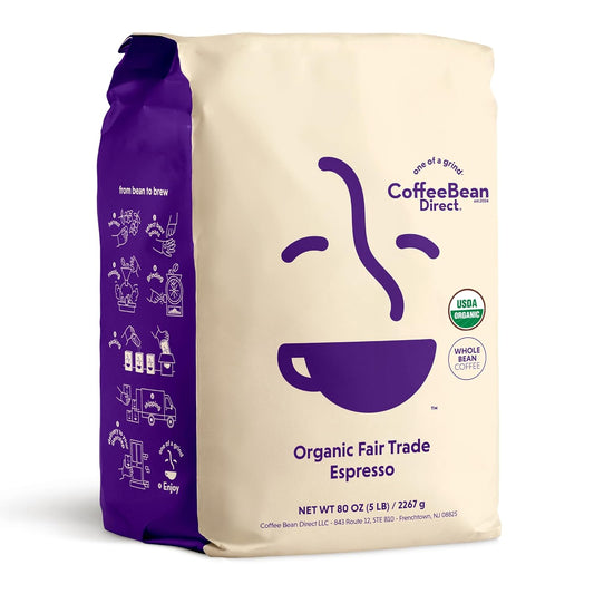 Coffee Bean Direct Organic Fair Trade Espresso, Whole Bean Coffee, Dark Roast, 5 Pound Bag (Pack of 1)