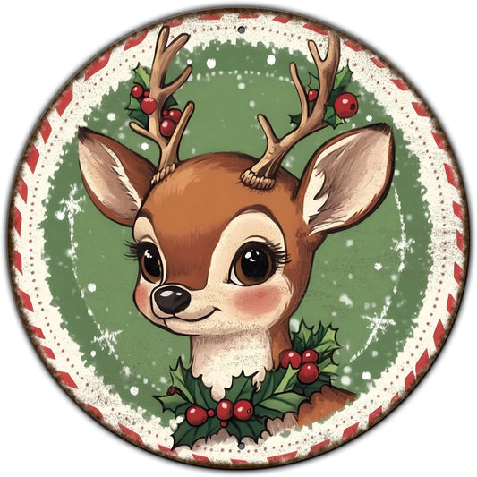 Round Retro Reindeer Metal Tin Sign - Vintage Christmas Decor for Home Coffee Wall - 12 * 12 in