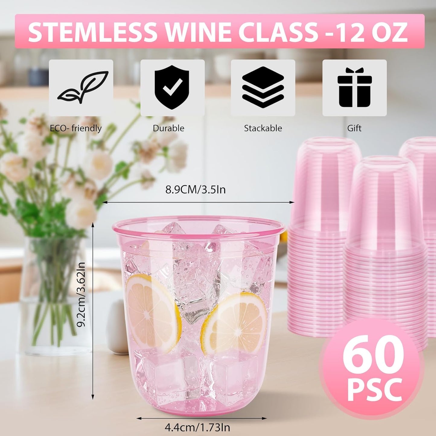 60 Pcs Disposable Stemless Clear Glasses 12 oz NATURAL Arc Crystal Plastic wine glasses Clear Classic Pet Cup for Meeting Weddings Birthdays Cocktail Christmas Party Supplies(Pink)