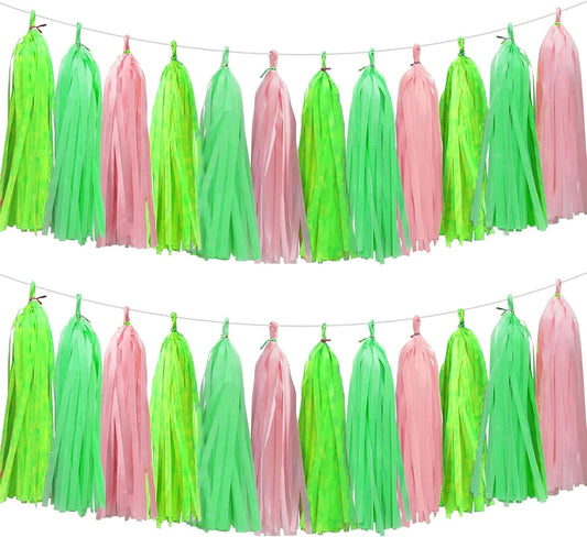 Green Light Green and Pink Tassel Garland Banner Paper Tassels for Party Decorations,Pack of 15