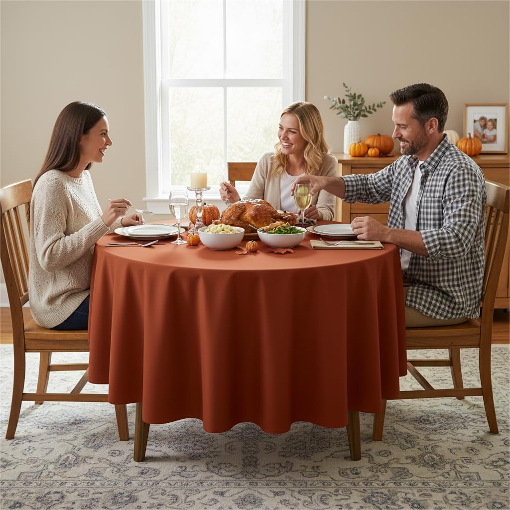 sancua Thanksgiving Round Tablecloth - 90 Inch Burnt Orange - Water Resistant Spill Proof Washable Polyester Fall Table Cloth Decorative Fabric Table Cover for Dining Buffet Parties and Camping, Rust
