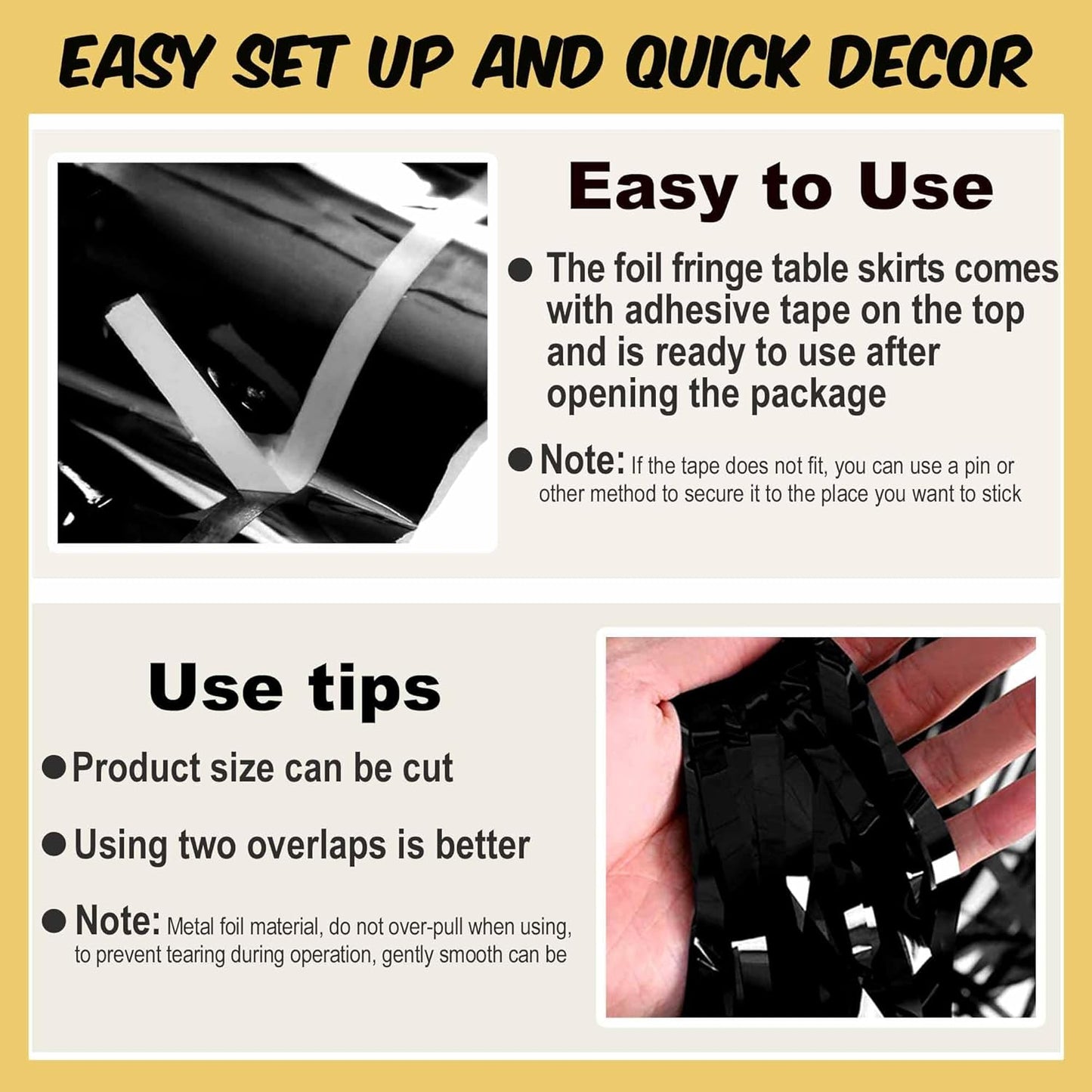 3 Pack 29 x108 Inch Black Foil Fringe Table Skirts Metallic Banner for Tinsel Streamer Garland Backdrop for Parade Floats Mother's Day, Graduate, Birthday, Wedding Party Decoration