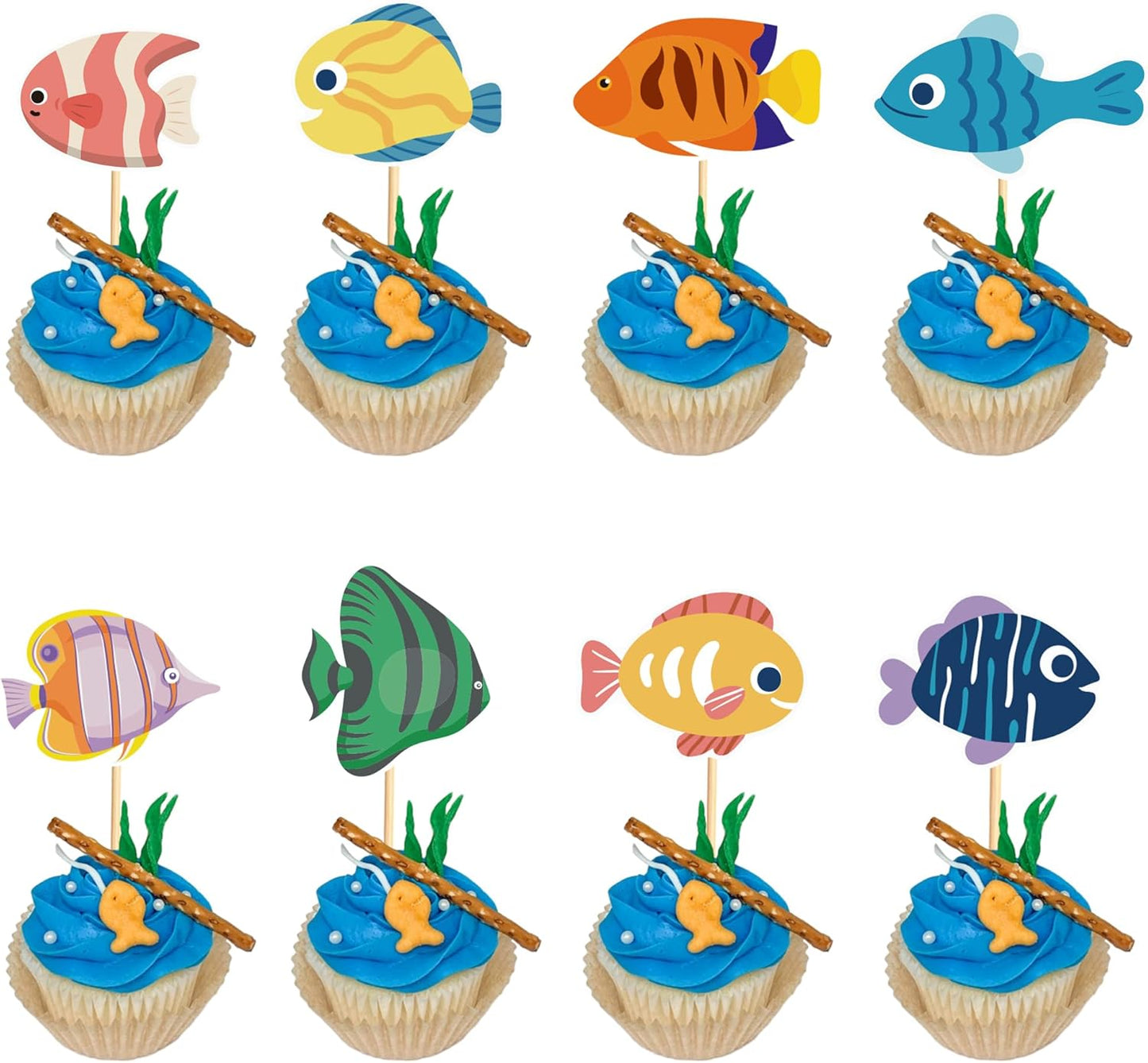 24pcs Fish Cupcake Toppers Go Fishing Theme Decorations Baby Shower Boys Girls Happy Birthday Party Tropical Party Cake Picks Under The Sea Decoration Supplies