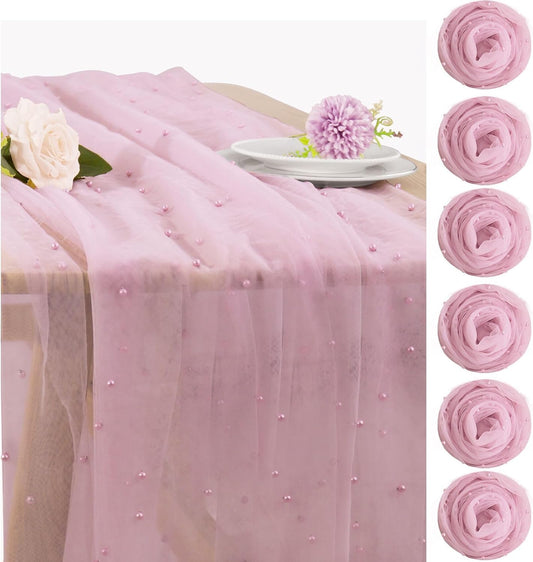 Set of 6 Pearl Table Runner 29 x 120 Inch Tulle Fabric Lace Table Runners Boho Rustic Tablecloth for Bridal Shower Birthday Party Wedding Arch Aisle Veil Dessert Table Decor(Pink)