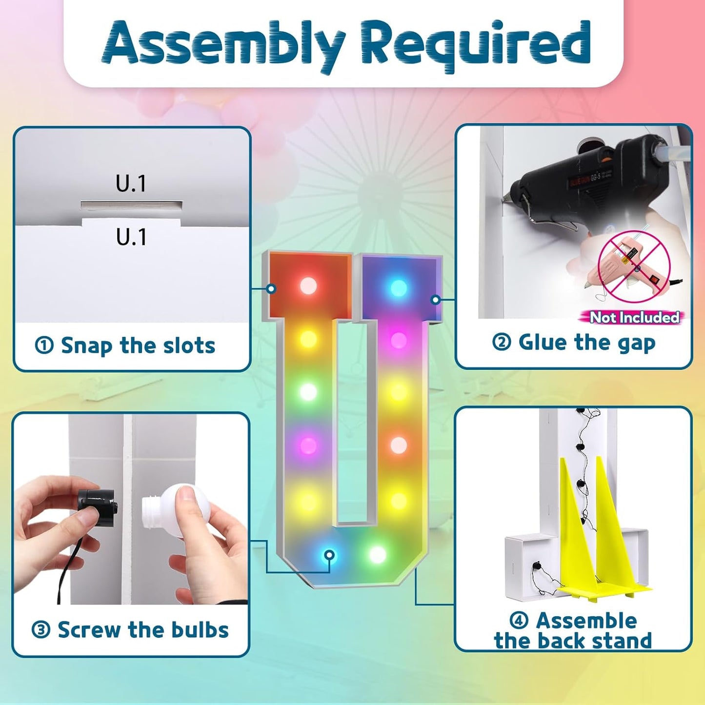 imprsv 4FT Colorful Marquee Light Up Letters U, 18 Colors Large Light up Letters Alphabet Sign with Remote, Large Marry Me Sign, Birthday Party Decorations Baby Shower Anniversary Wedding Decoration