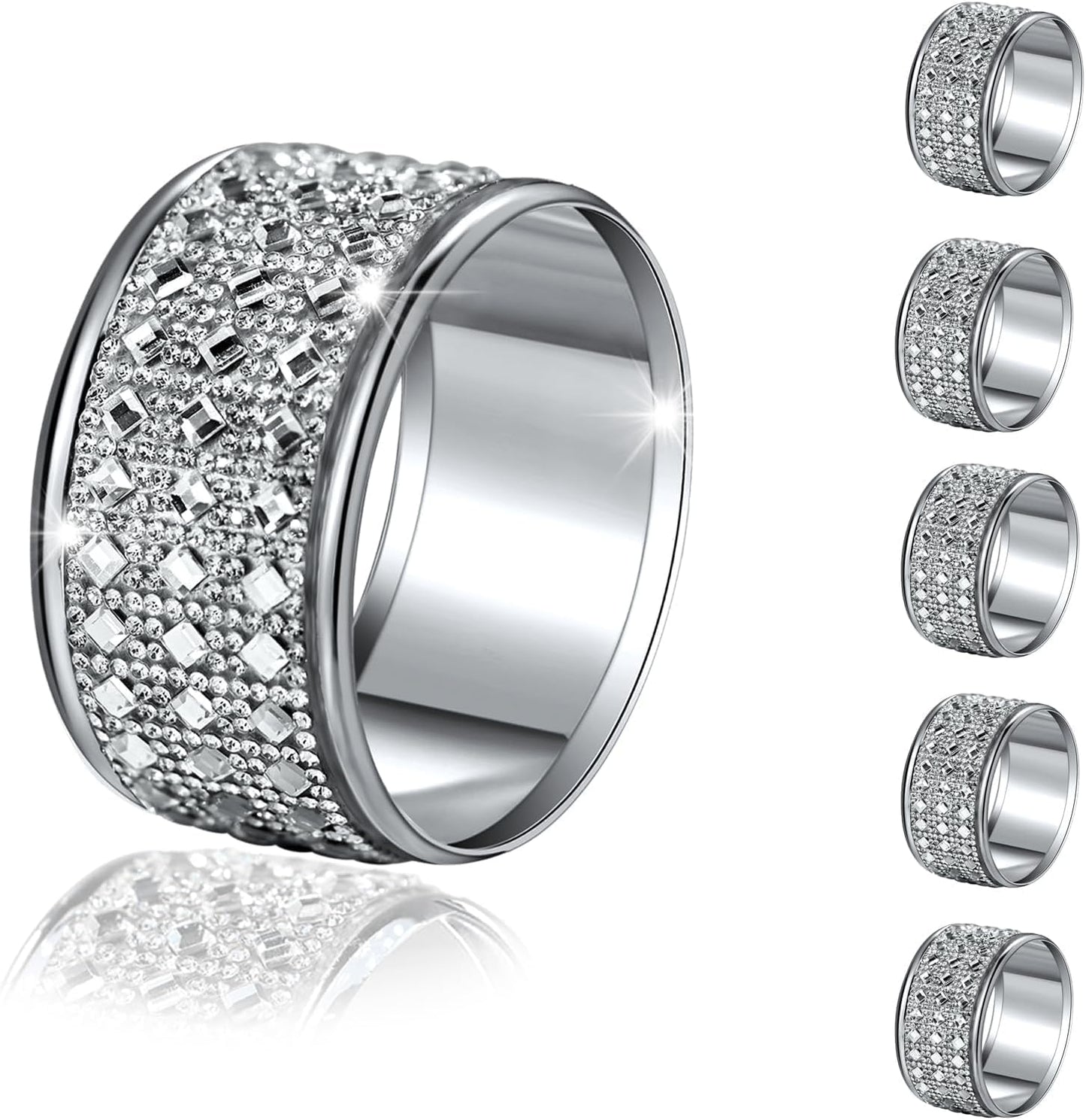 Rhinestone Napkin Rings Silver Set of 6,Crystal Napkin Holder Bling Diamond Serviette Buckles Tables Setting Decoration for Wedding Receptions, Christmas, Thanksgiving Holiday Party Dinner Parties