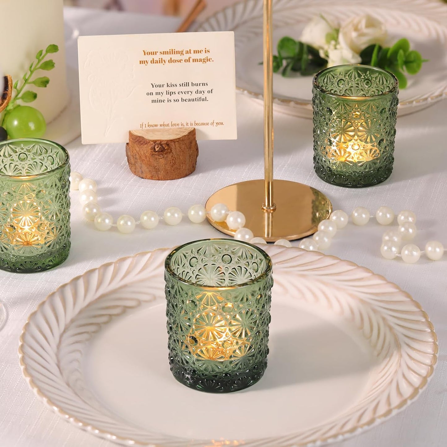 Green Votive Candle Holder Set of 36, Flower Tea Lights Candles Holders for Wedding Table Decor, Birthday Parties, Vintage Home Decor, Bridal Shower and Holiday Decorations