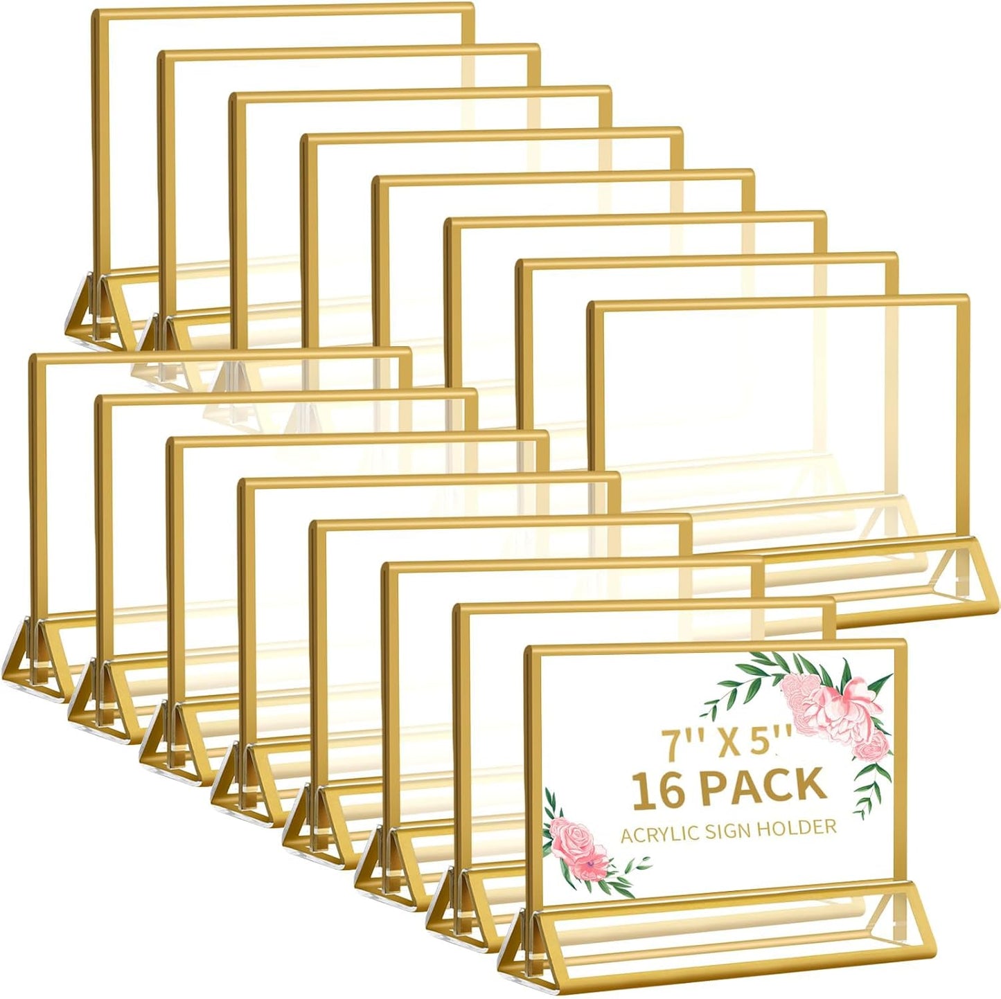 Smarpau 7x5 Gold Acrylic Sign Holder, 16 Pack Wedding Table Number Holders with Horizontal Stand, Double Sided Photo Picture Frames Stands, Flyer Stand, Paper Display Stand for Cafe, Restaurant