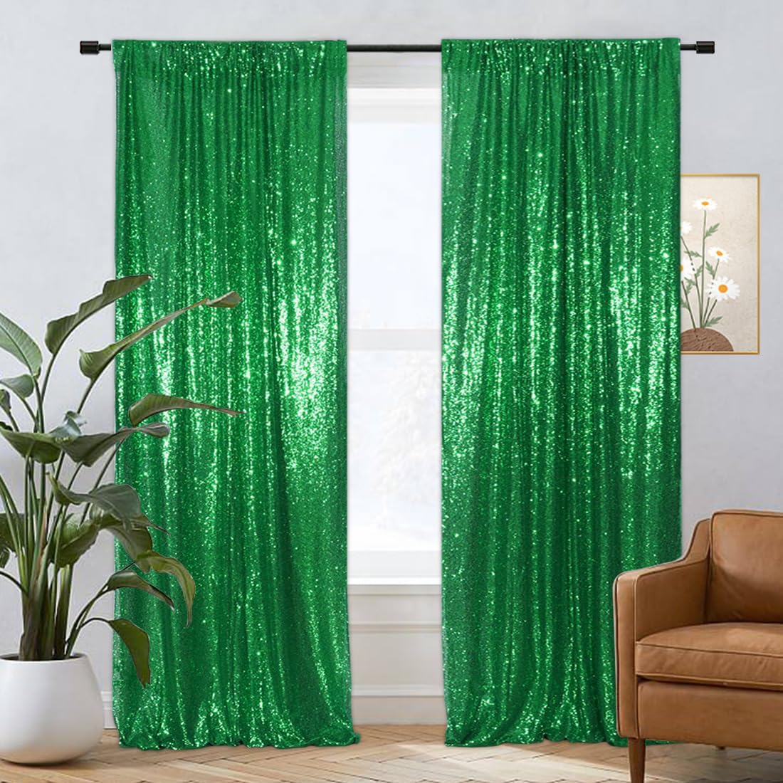 Eternal Beauty Sequin Backdrop Curtains, 2x8 Ft-2 Panels Green Back Drop for Shimmer Photography Party Wedding Birthday Decor