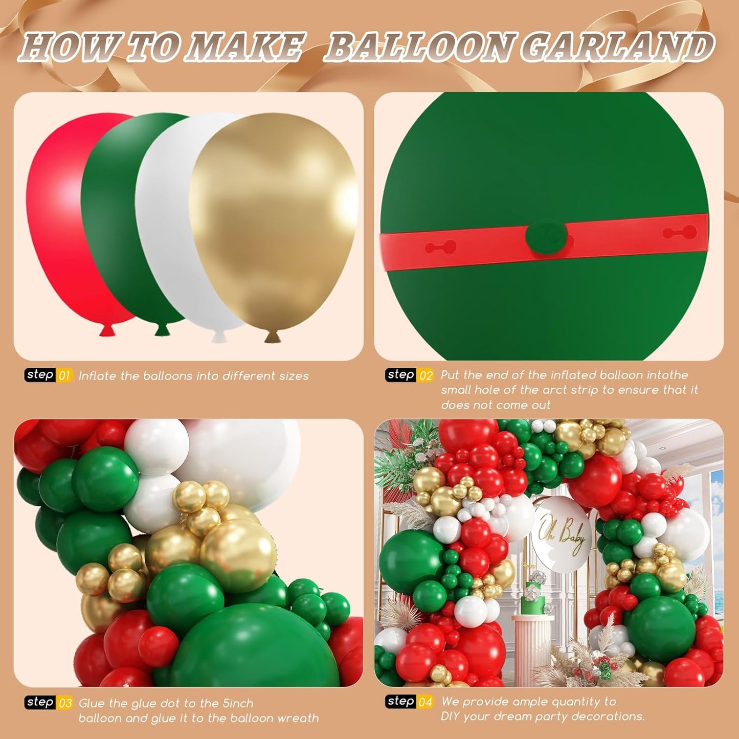 412pcs Red Green White Balloon Garland Arch Kit, 18 12 10 5 inch Different Sizes Red White Dark Green Balloon for Birthday Christmas New Year Party Decor