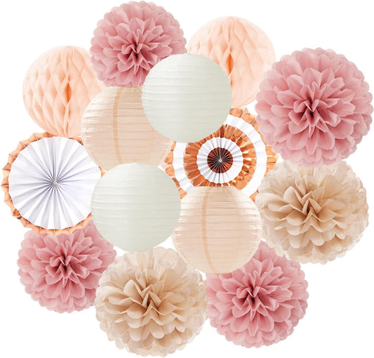 Pink Champagne-Beige Rose-Gold Boho Party-Decorations - 14Pcs Women Girls Birthday Streamers Lanterns Honeycomb Fan,Tissue Pom Poms,Fall Baby Bridal Shower Wedding Backdrop Classroom Decor Ouruola