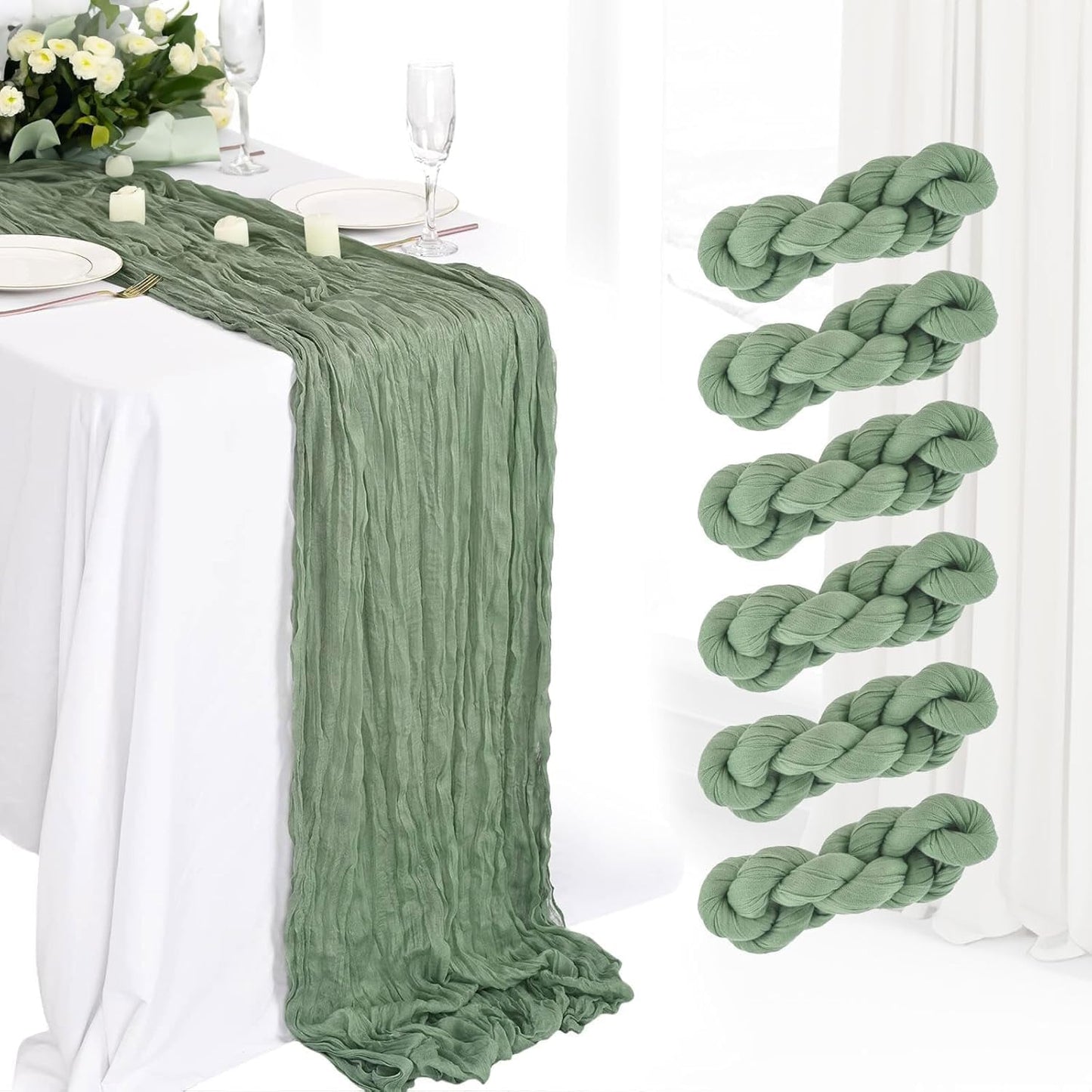 6Pcs Sage Green Cheesecloth Table Runner 120 Inch Green Cheesecloth Table Runner10FT Sage Table Runner Boho CheeseClothTable Runner forWedding Party Baby Shower Birthday Home Decor Holiday Decorations