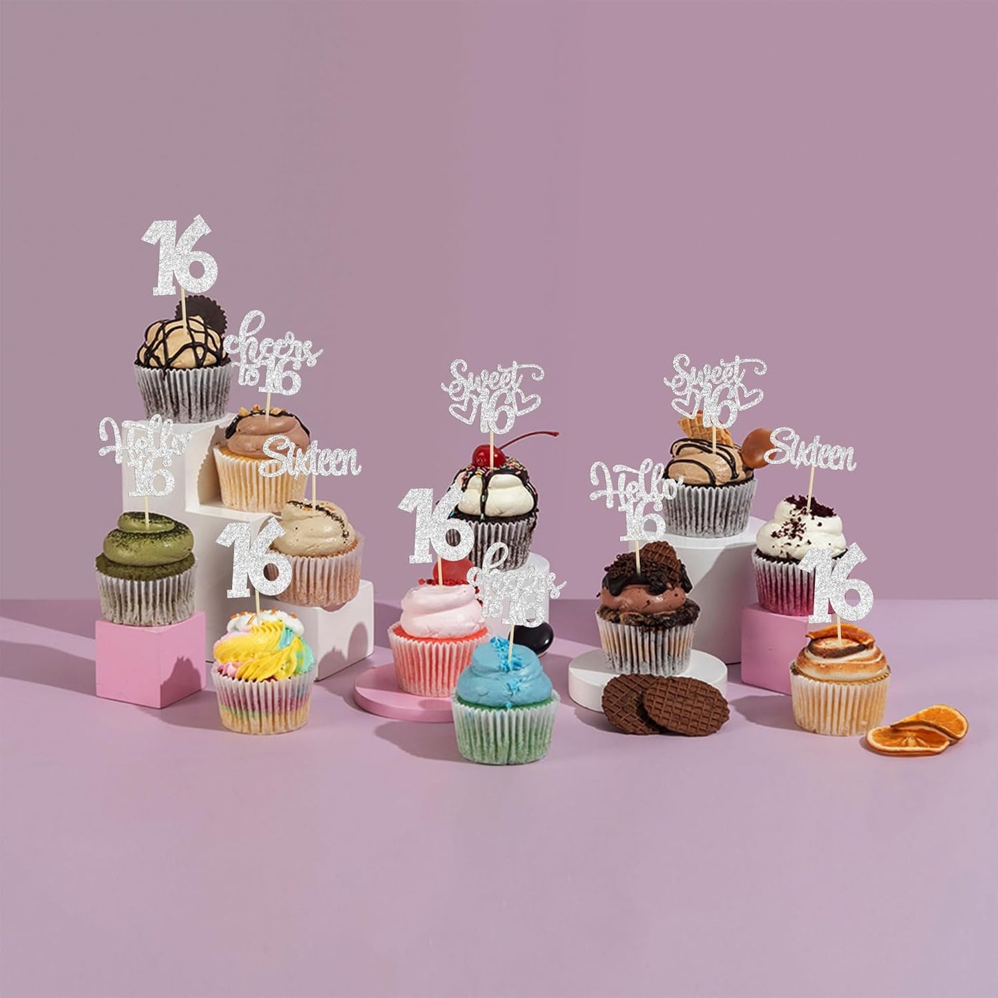 30pcs 16th Birthday Cupcake Toppers - Sixteen Happy Cupcake Picks, Cheers to Sweet 16 Cake Decorations - Silver Glitter