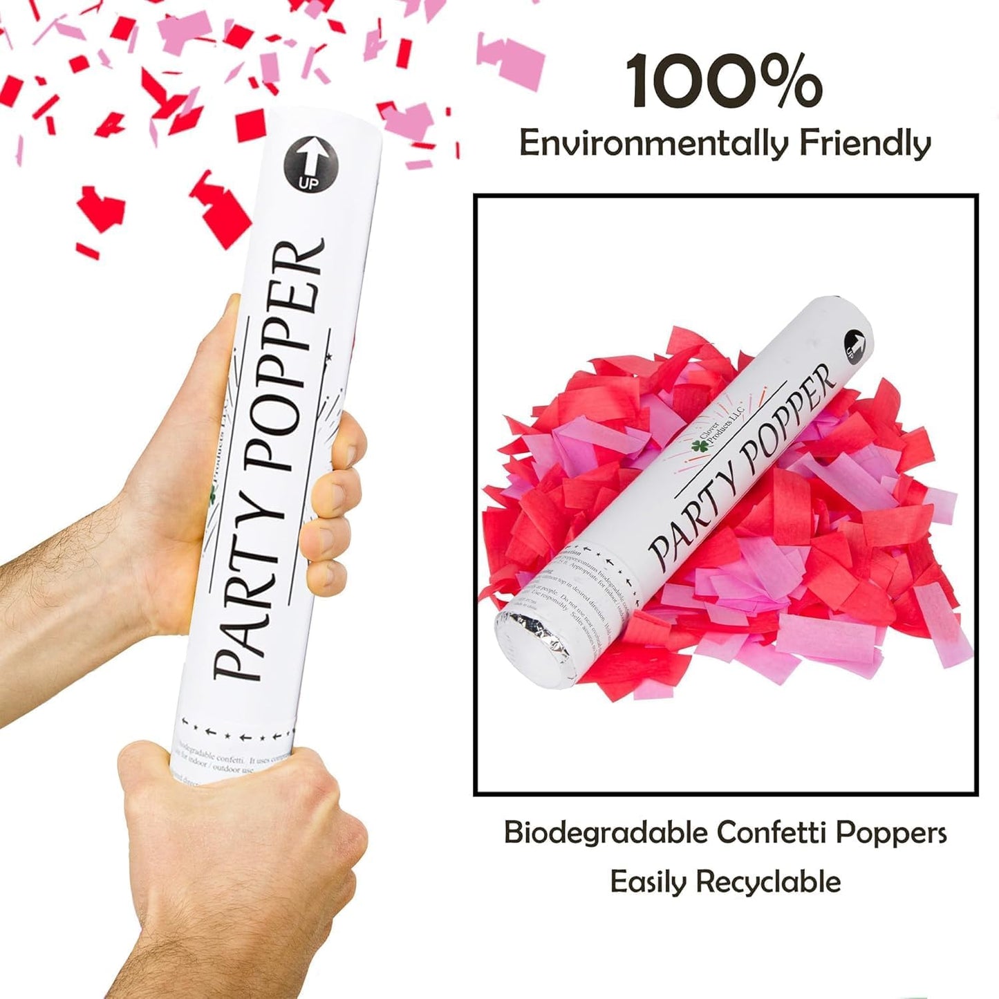 Clover Products 12" Biodegradable Confetti Cannons | 6 Pack | Red & Pink Poppers for Weddings, Birthdays & Events | Air-Powered, Safe & Easy to Use | Shoots 25 Feet for Indoor & Outdoor Celebrations