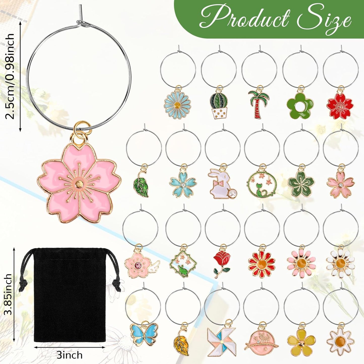 SANNIX Spring Floral Wine Charms - 24pcs Stem Glass Charms for Wine Tasting Party Decorations