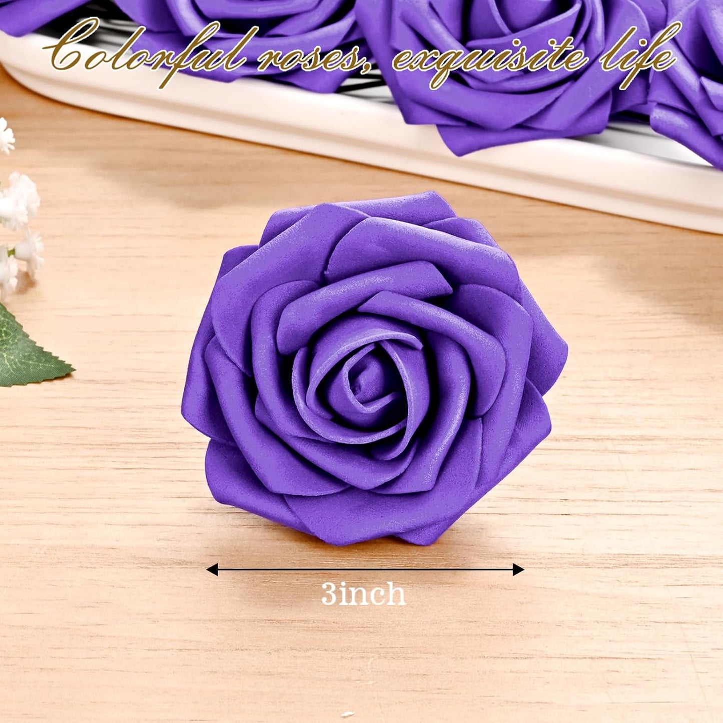 BLEUM CADE 16Pcs Artificial Flowers Fake Roses with Stems, Deep Purple Boxed Foam Roses for DIY Bouquets Centerpieces Wedding Party Arrangement Bridal Shower Decor