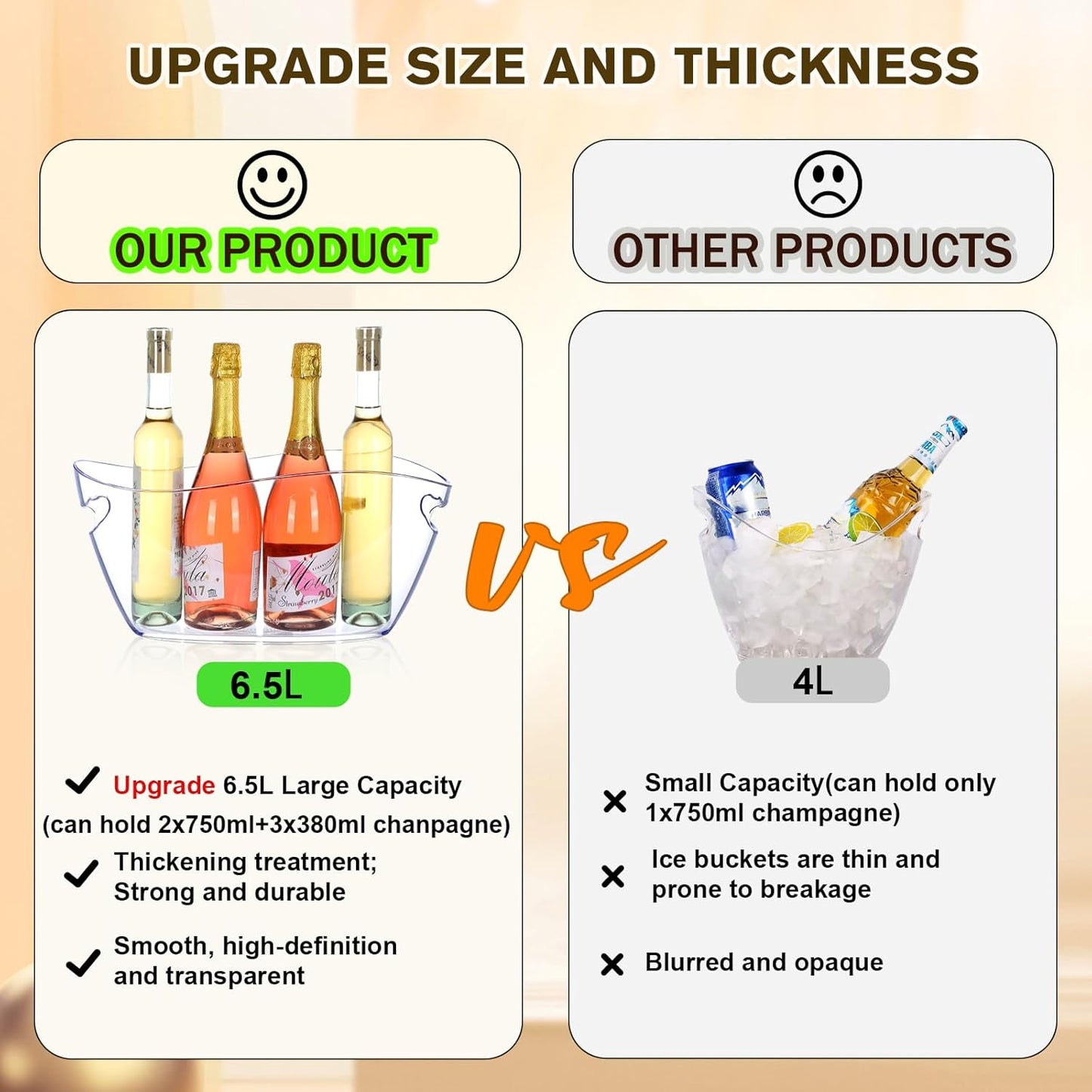 Ice Buckets for Parties, 6.5L Beverage Tub 2pcs Christmas Mimosa Bar Clear Acrylic Champagne Bucket with Scoops, Drink Bucket Tub for Cocktail Bar, Upgraded 6.5 Liter Wine Beer Cooler Bucket Kit