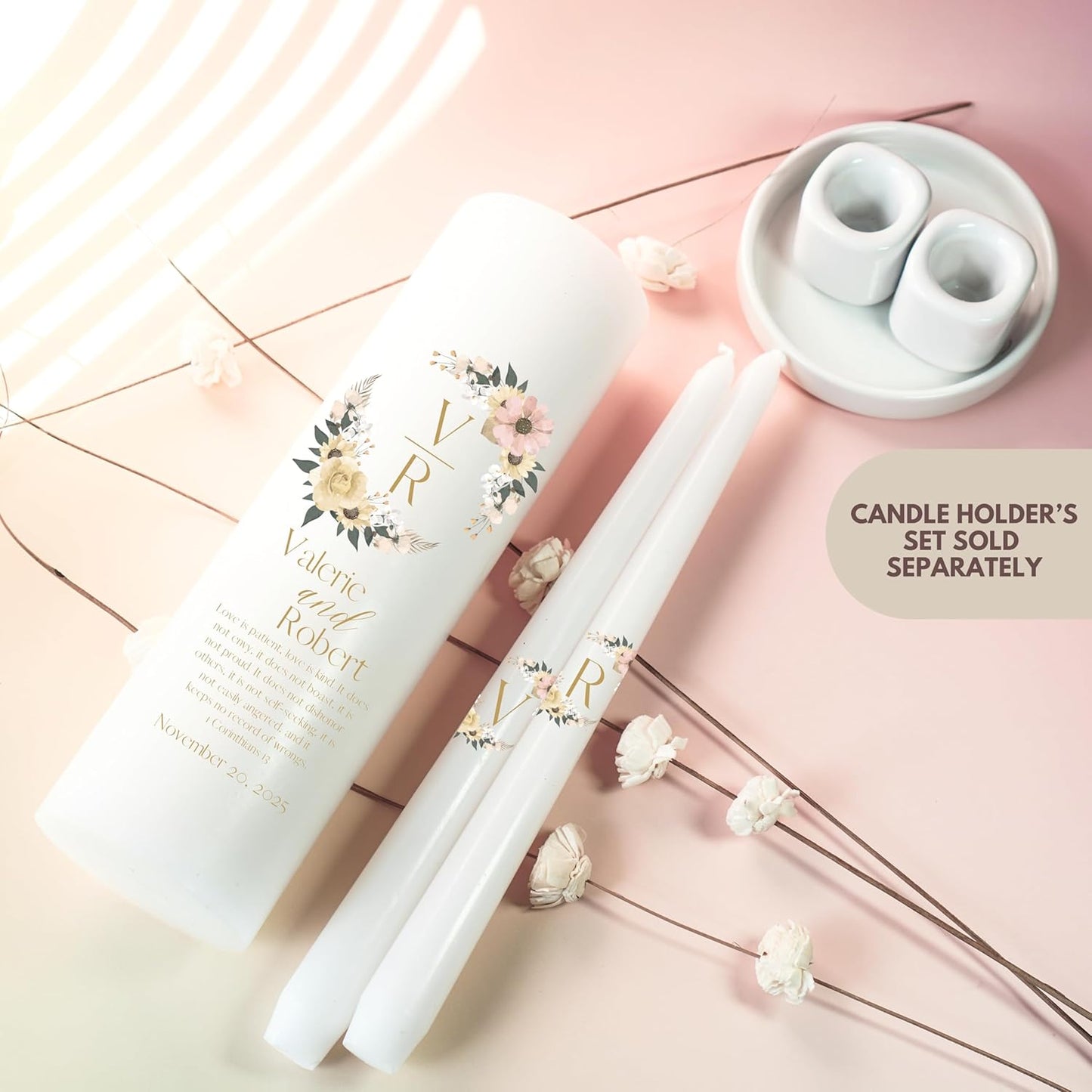 Unity Candles for Wedding, Modern Unity Set, Custom and Personalized Pillar and Taper Candles with Bible Quote, Unscented White Premium Wax, Religious and Wedding Ceremony, Special Events