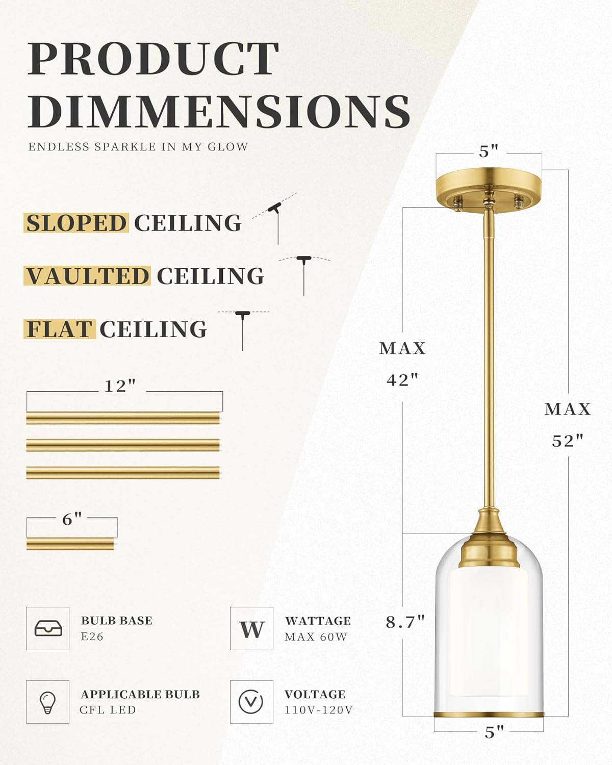 LIROUVET Gold Pendant Lights Kitchen Island - Dual Glass Pendant Light, 1-Light Hanging Light with Clear and Milk Glass, Vintage Pendant Light Fixtures for Kitchen, Dining Room, PL02BR