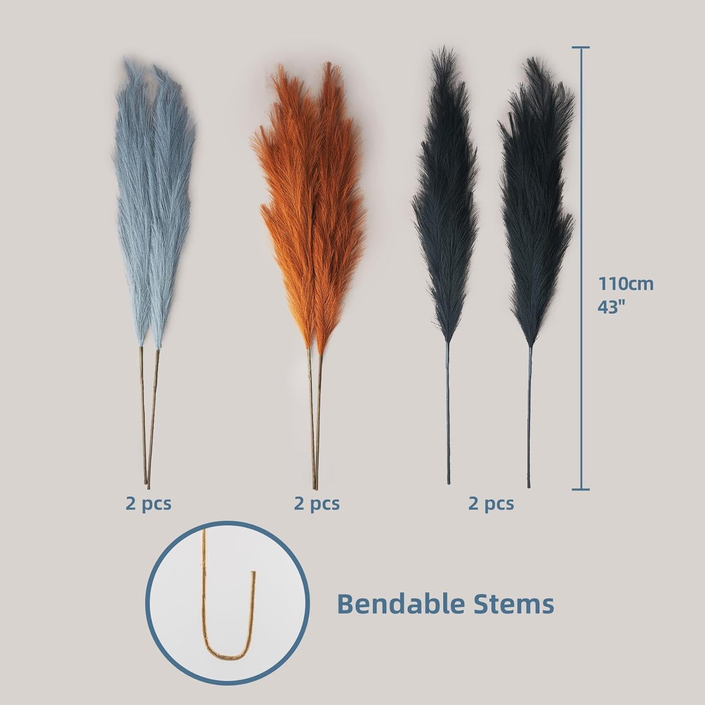 EVODIS Pampas Grass Decor Tall, 43"/110cm Faux Pampas Grass 6 Stems Large Pompass Grass Branches Tall Bulk Boho Flower Arrangement for Home Room Wedding Party Decor