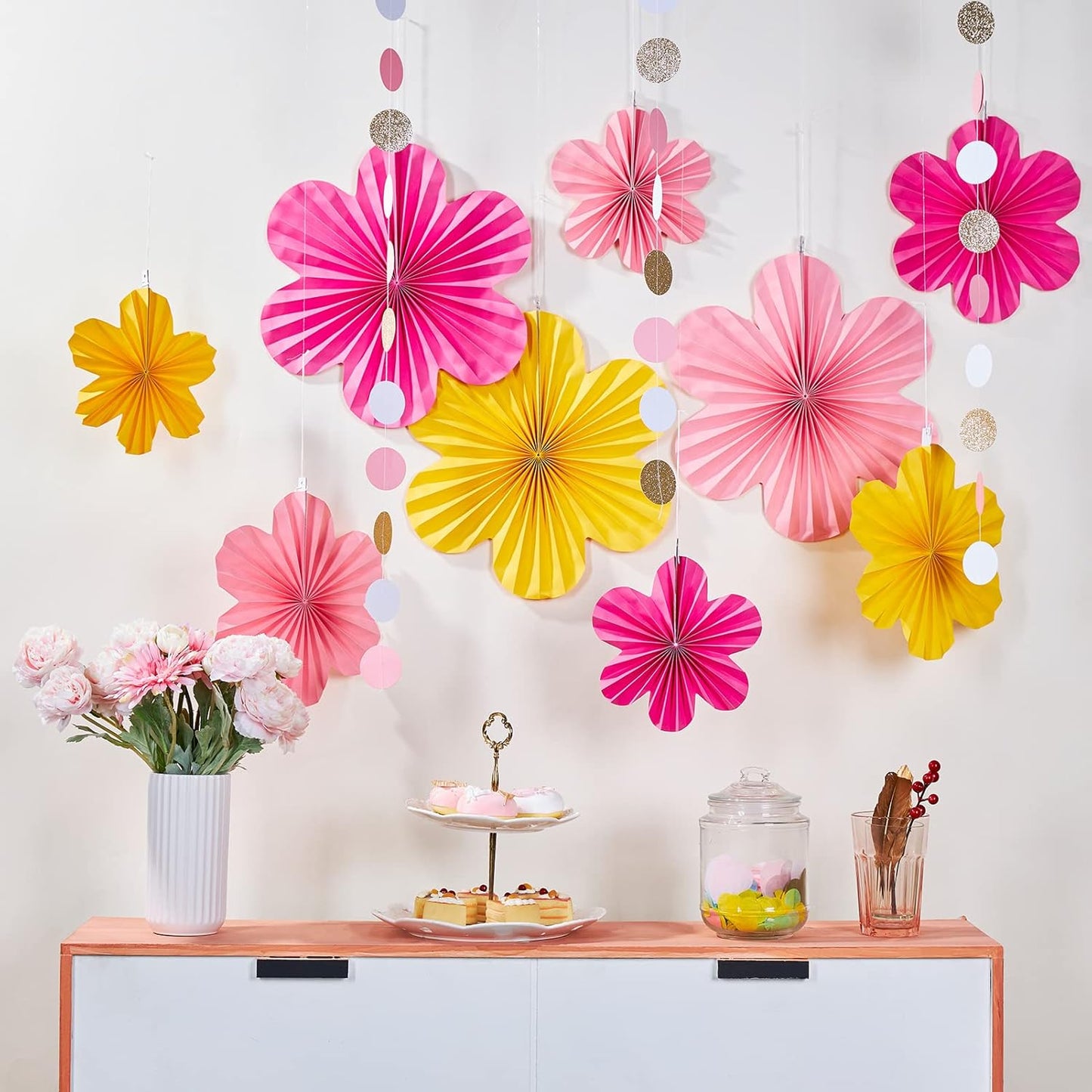 SUNBEAUTY 9 PCS Paper Flowers Decorations for Wall Paper Fans Classroom Decoration Paper Floral Backdrop Decor Paper Fans Decoration