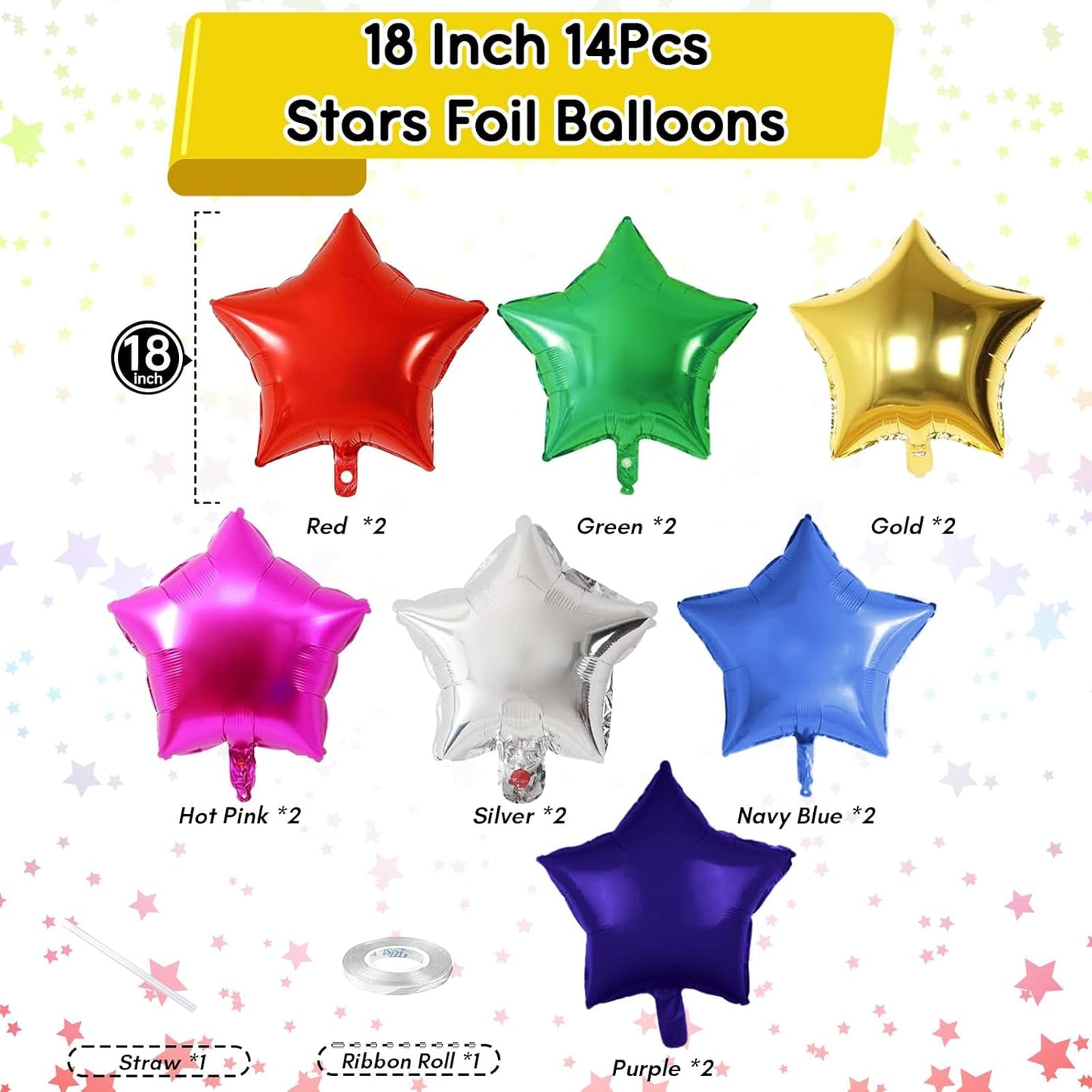 Colorful Star Foil Balloons, 18 Inch 14 Pcs Mixed Stars Shape Mylar Helium Balloons, Pentagram Aluminum Set for Birthday Baby Shower Rainbow Party
