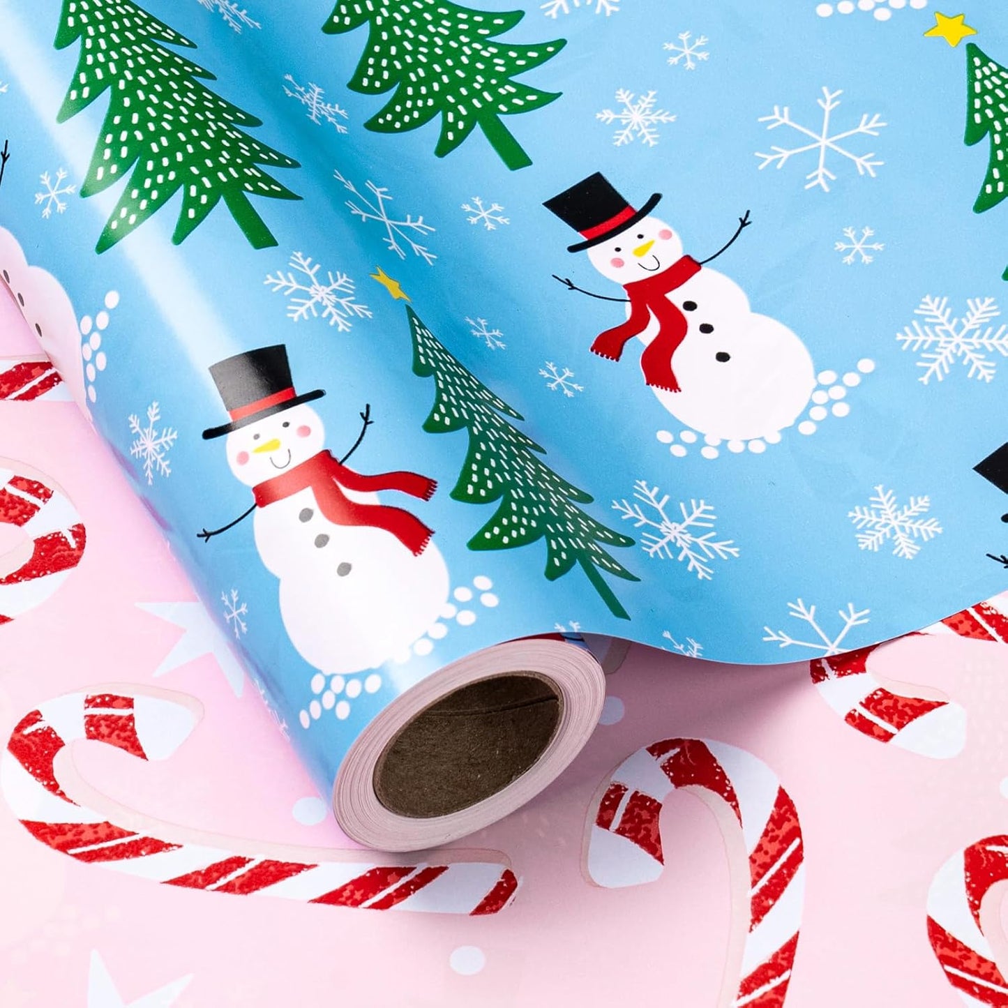 LeZakaa Christmas Wrapping Paper for Kids, Mini Roll, Red Truck, Snowman Christmas Tree in Blue & Pink Candy Cane Reversible Design for Winter Holiday Family Gathering, 17 inches x 32.8 Feet