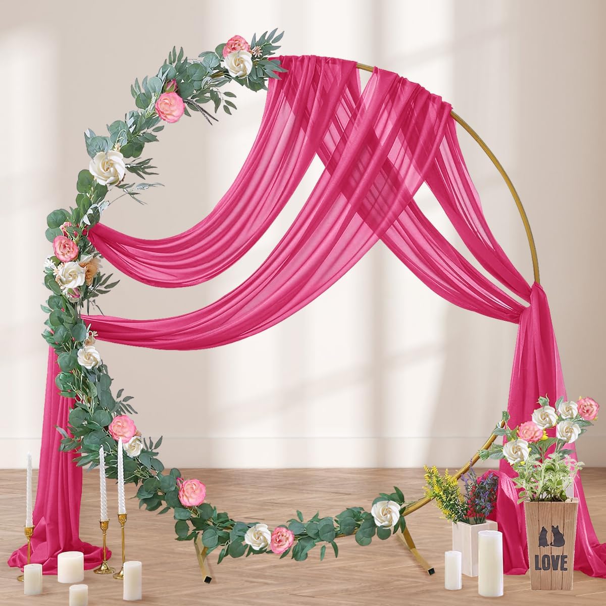 Hot Pink Wedding Arch Draping Fabric 2 Panels 29" x 20 FT Wedding Drapes for Backdrop Sheer Curtains Drapes for Romantic Bridal Baby Shower Ceremony Birthday Party Fall Outdoor Events