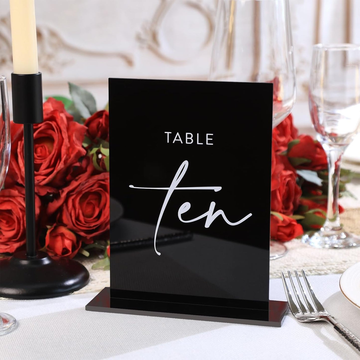UNIQOOO Black Wedding Double Sided Table Numbers with Stands 1-15 set, 5x7'' Acrylic Signs with Holders and Printed Calligraphy, Seat Display Wedding Decor Perfect for Centerpiece, Reception