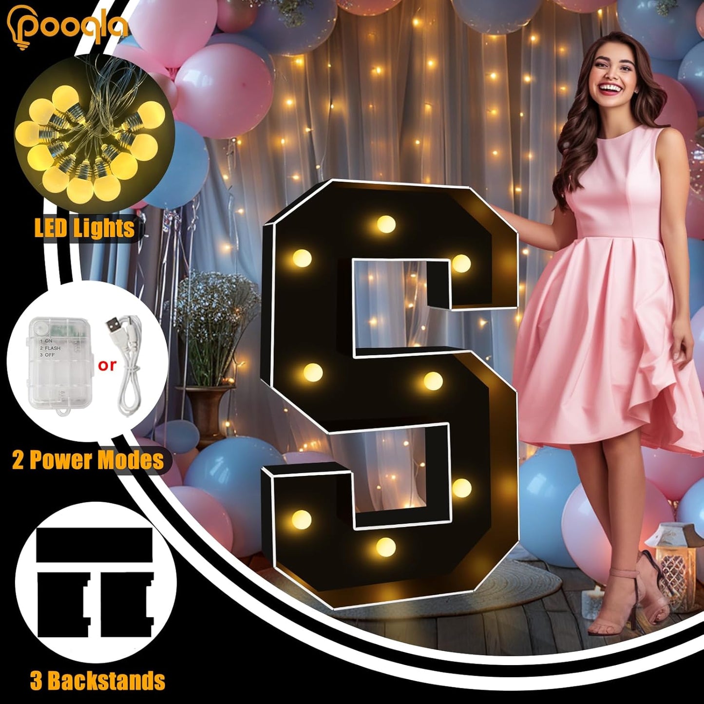 Pooqla 3FT Marquee Light Up Letters, Black LED Party Decor Large Marquee Letters 3 Feet Tall, Giant Mosaic Letter for Birthday Graduation Anniversary Wedding Decoration, Letter K